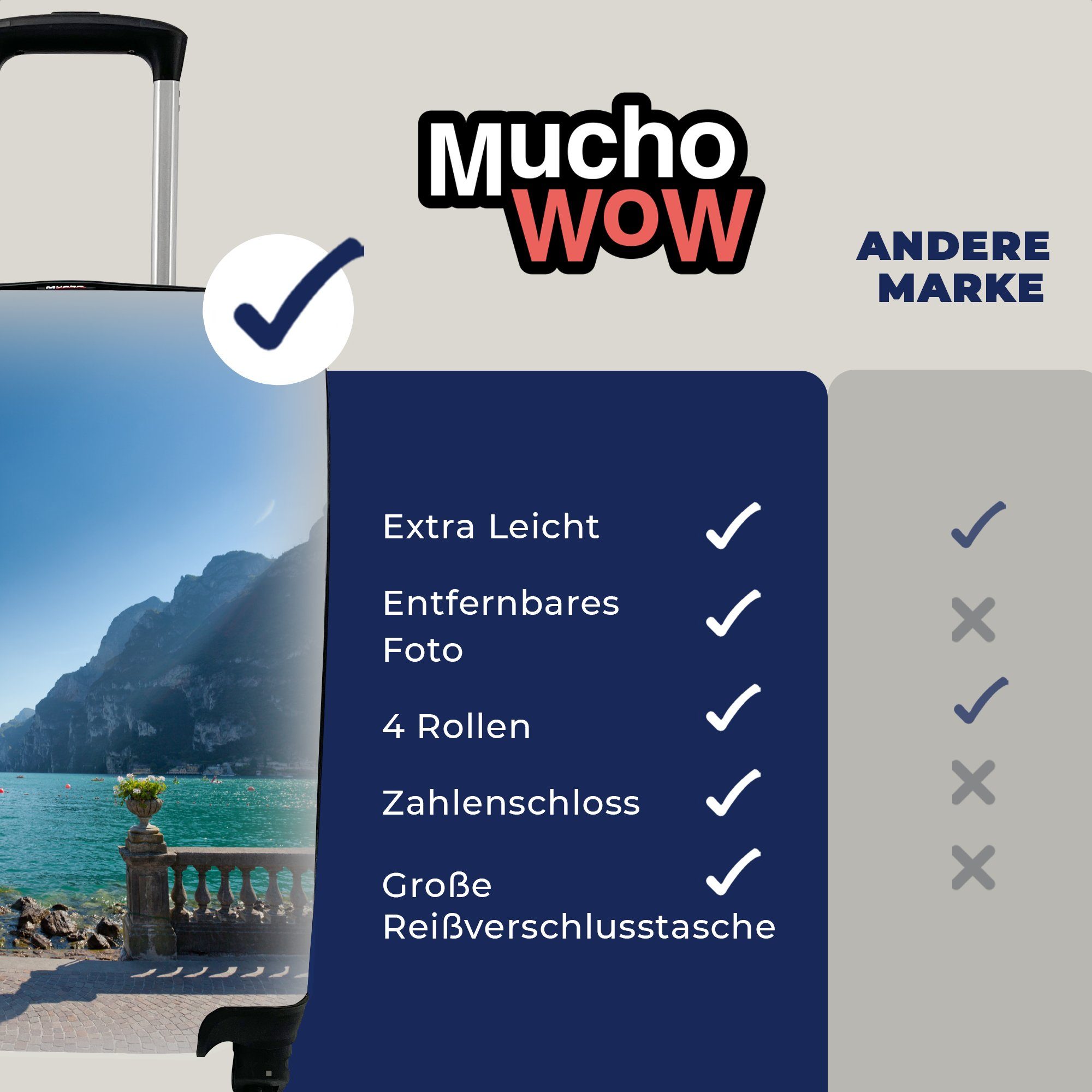 Handgepäckkoffer - Gardasee für Reisetasche Trolley, Ferien, Licht, 4 Reisekoffer Berg Handgepäck MuchoWow Rollen, rollen, - mit