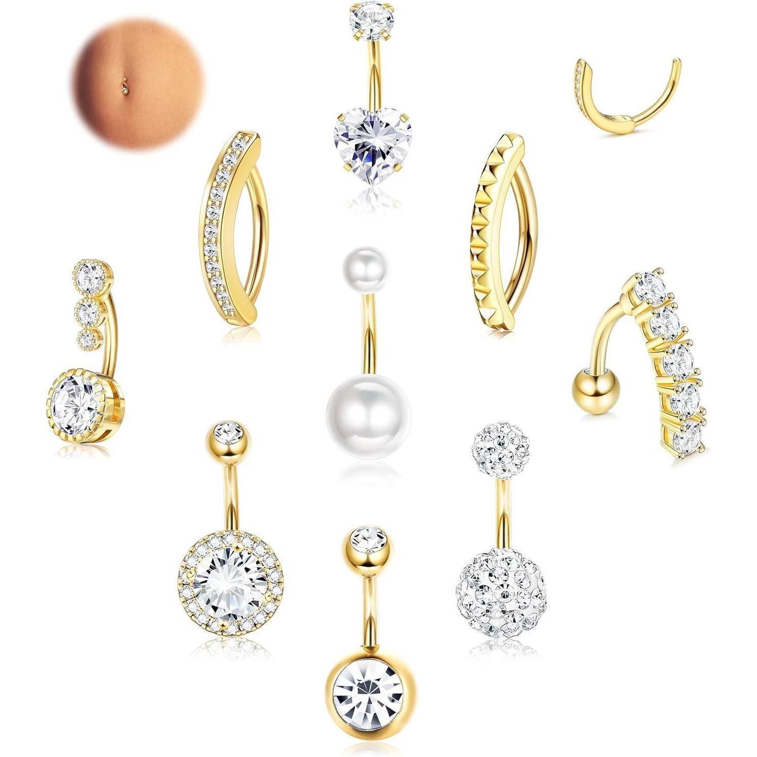 LOLIAS Bauchnabelpiercing-Set 9 Stück 14G Bauchnabelpiercing Chirurgenstahl Silber Gold CZ Clicker
