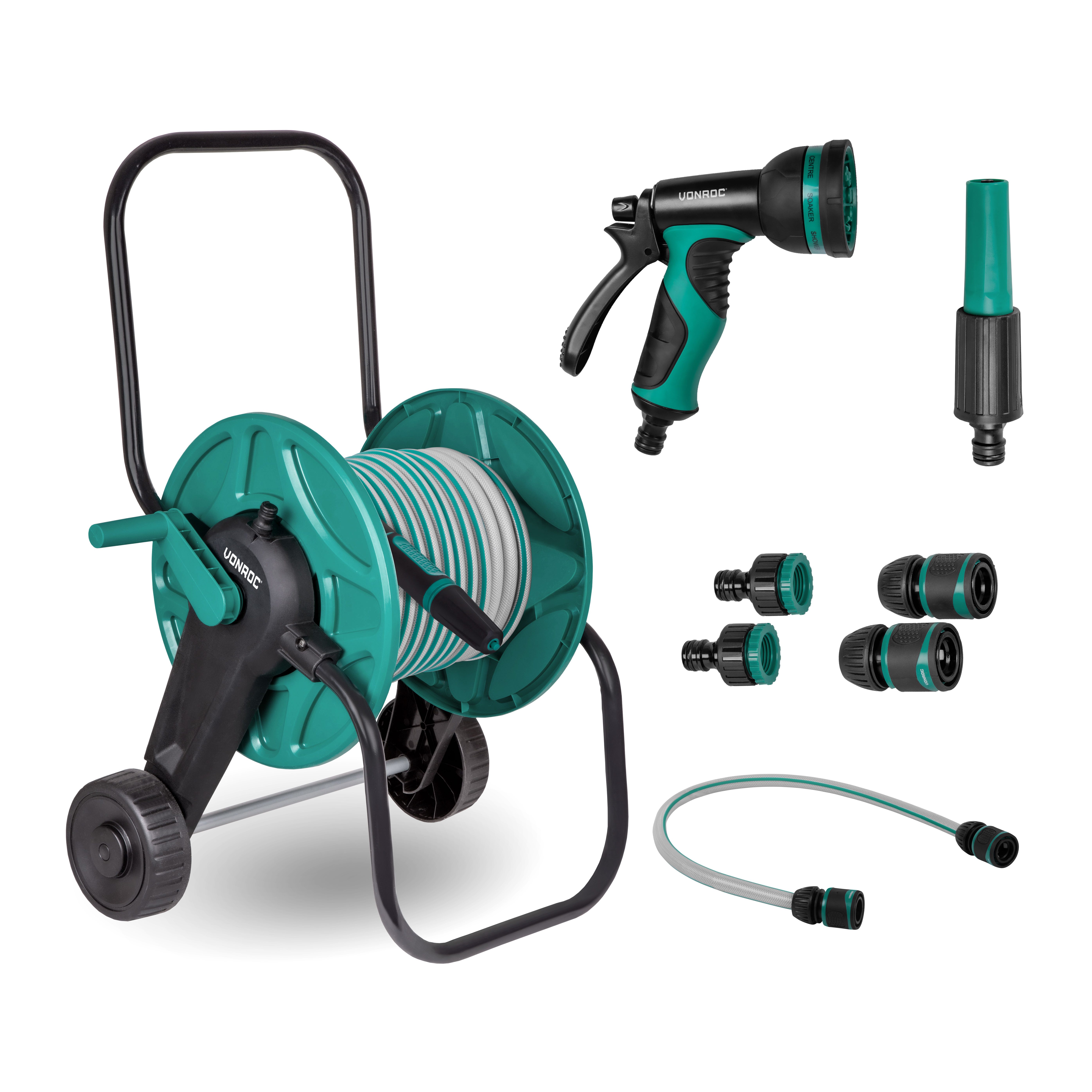 VONROC Schlauchwagen inkl. 20 m Gartenschlauch, Premium-Sprühdüse, Schlauchkupplungen, Anschlussschlauch & Wasserhahnanschluss