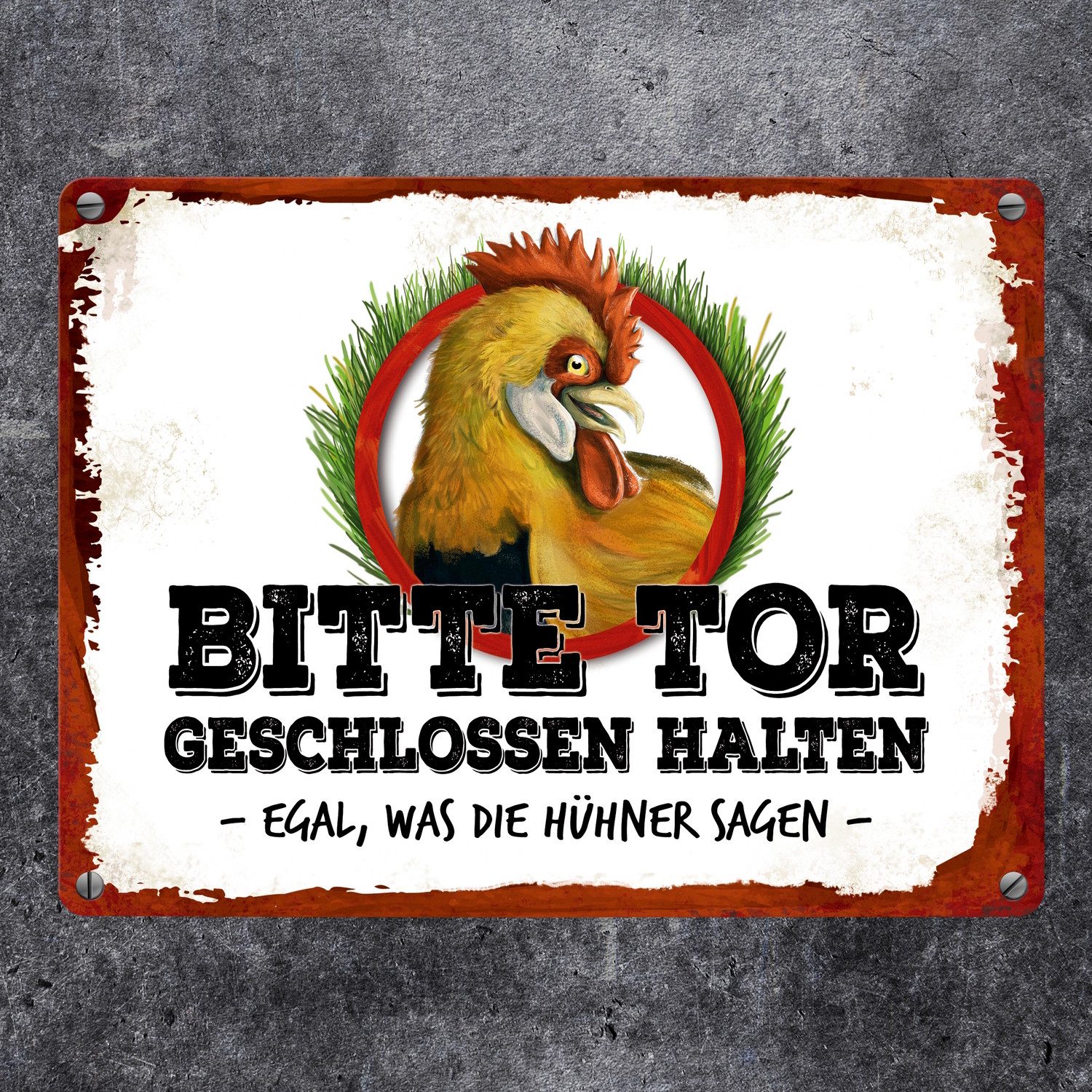 speecheese Metallschild Hühner Metallschild mit Hahn Motiv und Spruch: Bitt günstig online kaufen