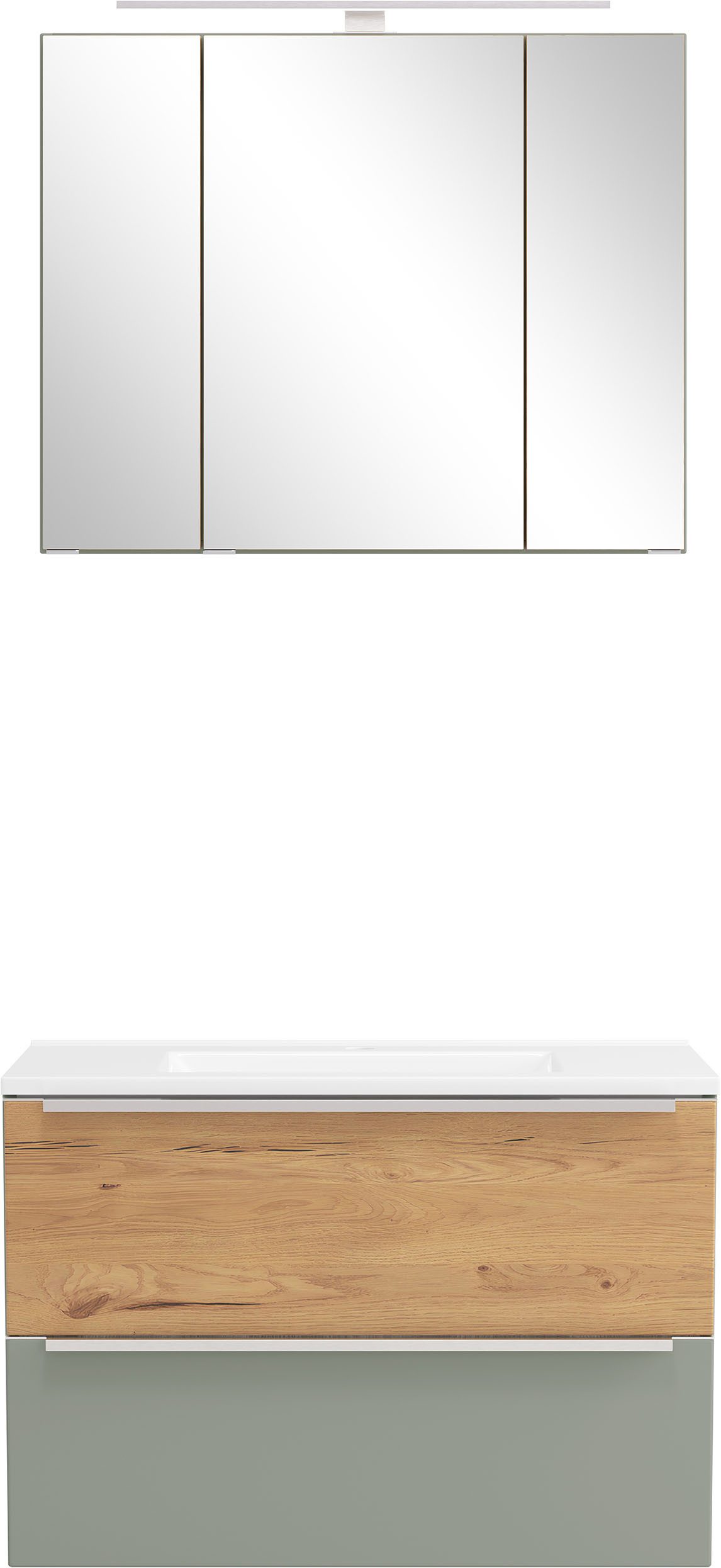 welltime Badmöbel-Set TRIENT, Set: Spiegelschrank und Waschtisch, (2-St., Maße (B/H/T): ca. 80/200/47 cm), schilfgrün/wildeiche, LED-Aufbauleuchte, 2tlg. Waschtisch-Set
