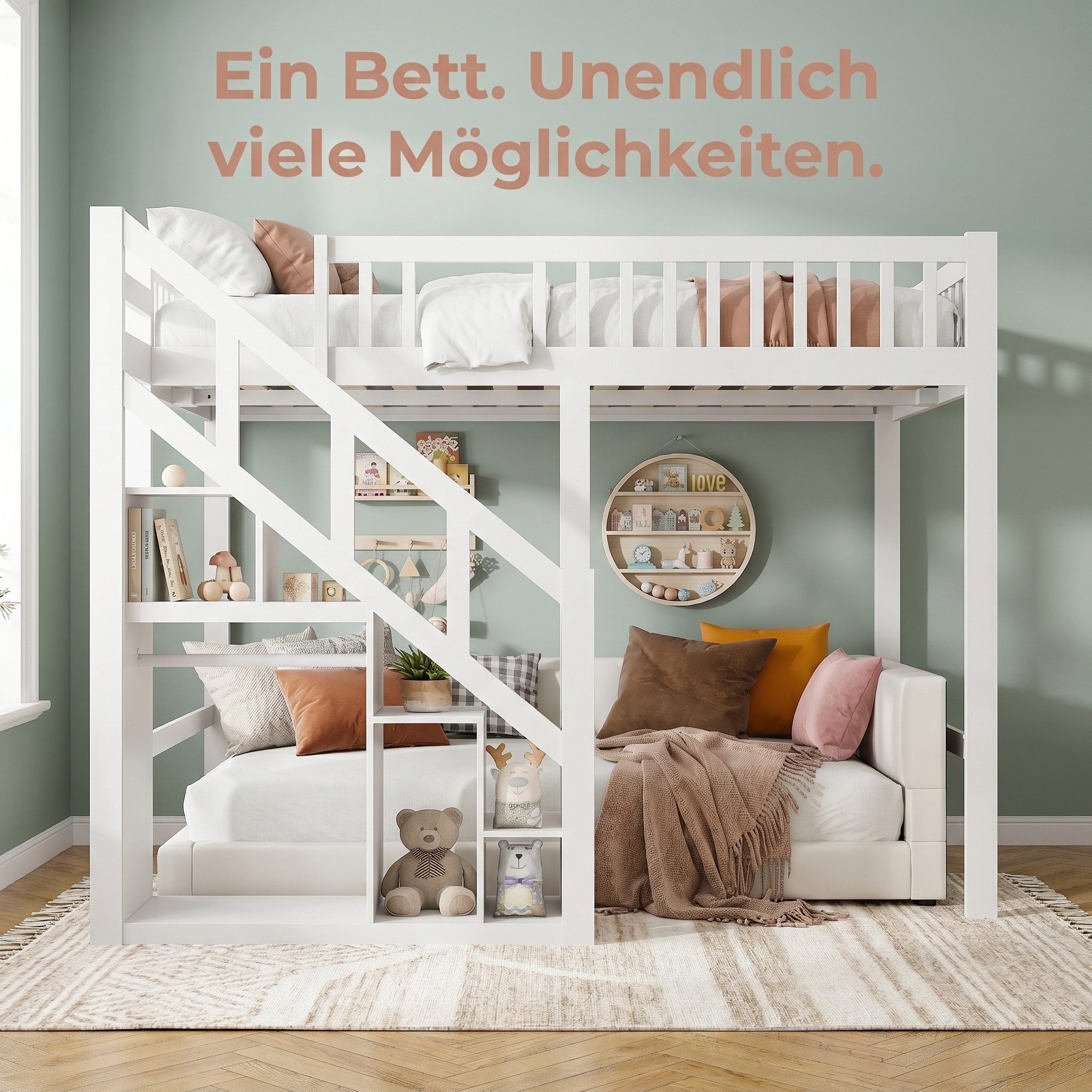 FUROKOY Etagenbett Kinderbett Hochbett mit Treppe und Absturzsicherung, Holzbett 140x200cm,Rausfallschutz und Holzlattenrost,Kiefer, Weiß – Bild 3 von 5