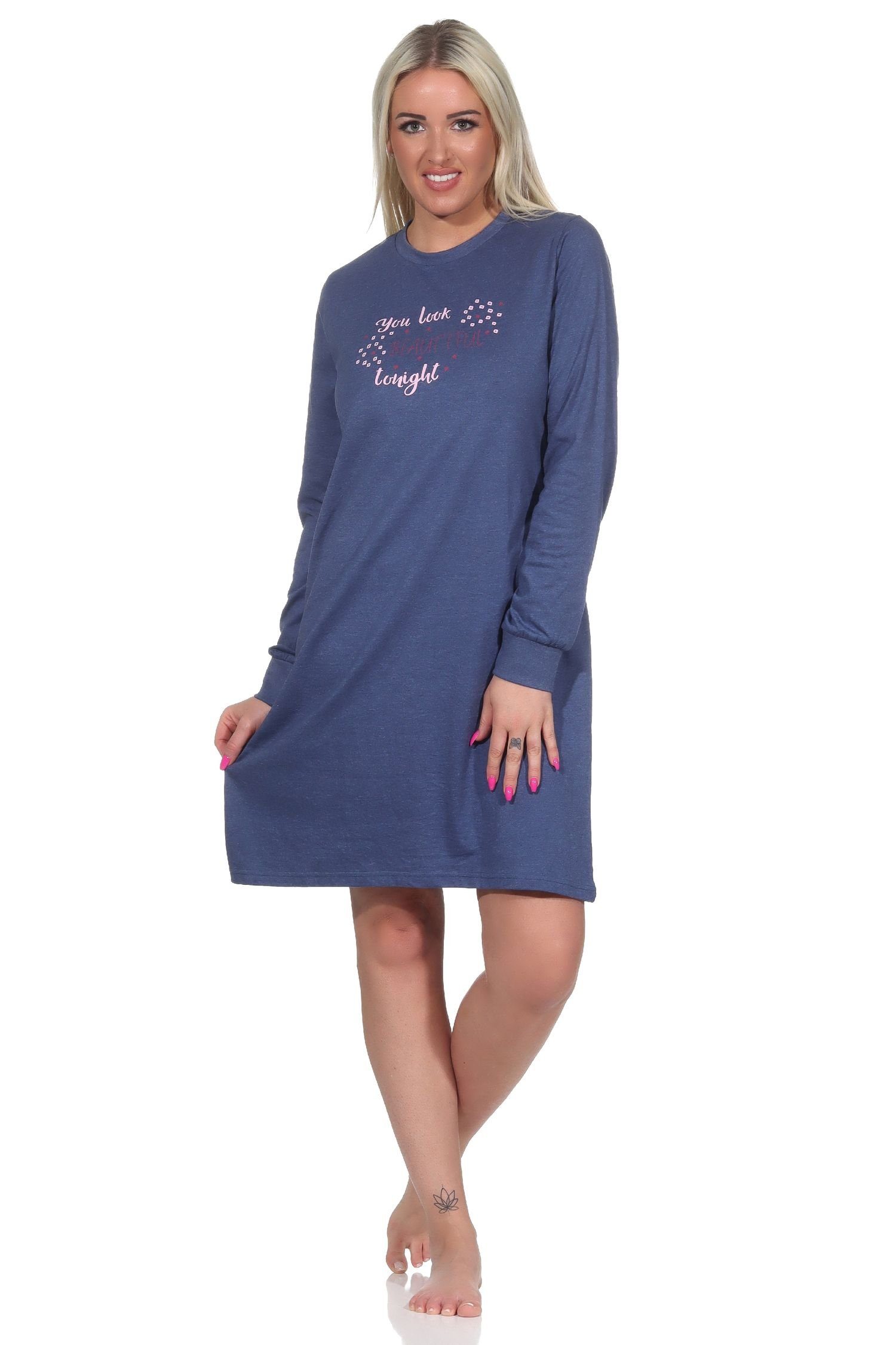 Normann Nachthemd Damen Nachthemd langarm mit Bündchen und süssem Frontprint blau-melange