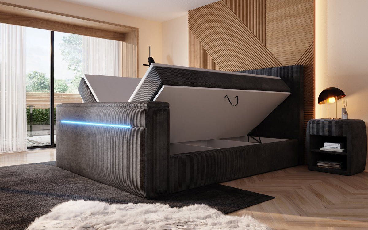 Luxusbetten24 Boxspringbett Sejour, mit TV-Lift, RGB-Beleuchtung und Stauraum