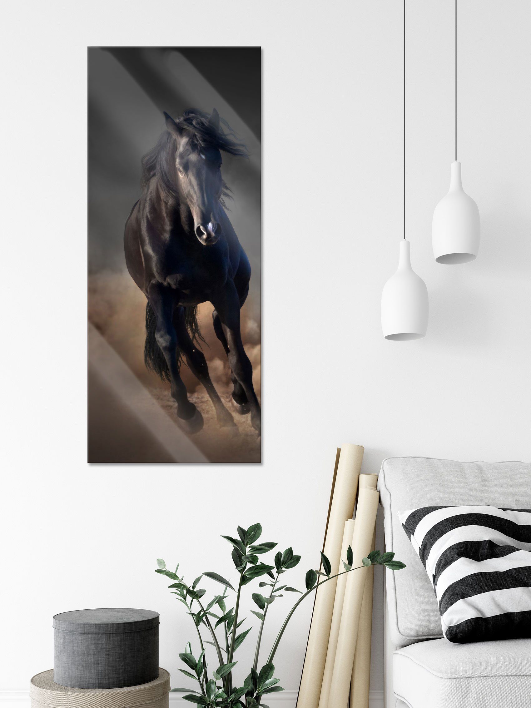 Pferd, Abstandshalter Glasbild aus Glasbild Pixxprint Elegantes Elegantes Echtglas, St), (1 und inkl. Pferd Aufhängungen schwarzes schwarzes