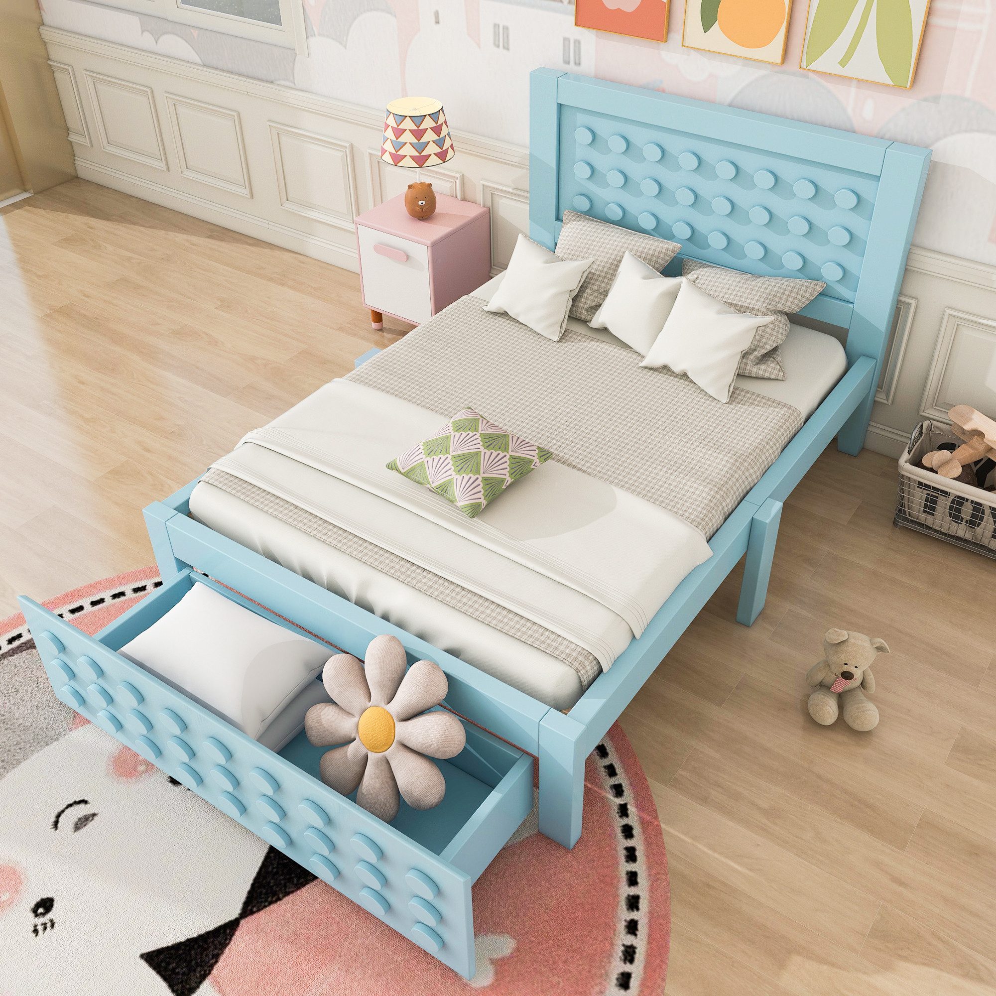 Flieks Kinderbett, Holzbett Einzelbett 90x200cm Bausteine-Form günstig online kaufen