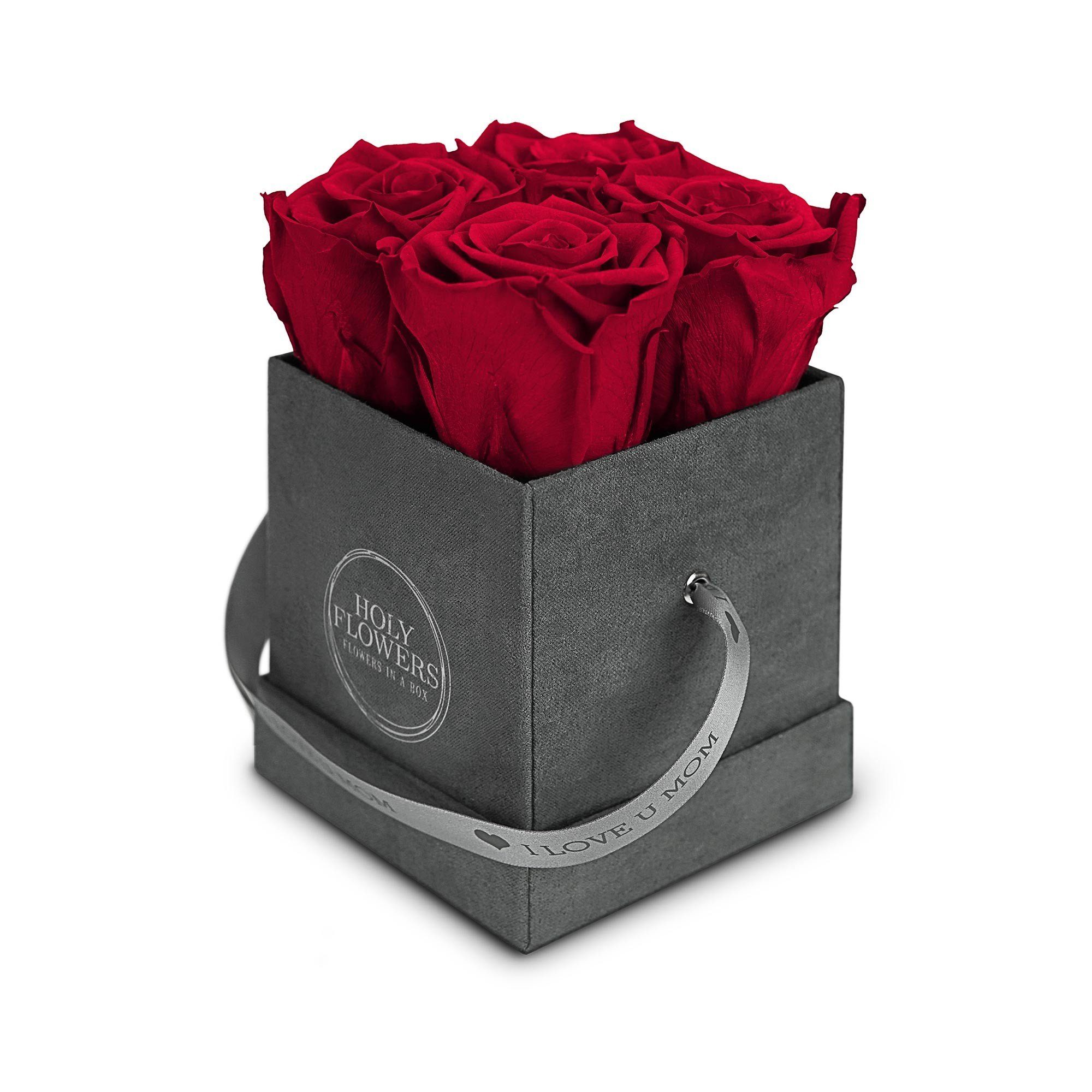 Kunstblume Eckige Rosenbox aus Samt mit 4-5 Infinity Rosen I 3 Jahre haltbar I Muttertag Box I Limitiert Rose, Holy Flowers Rot