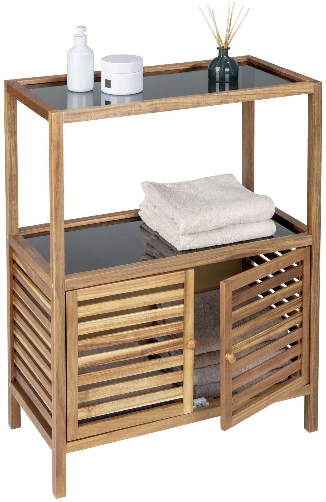 WENKO Badregal Fondi, Regal für Haushalt und Badezimmer, Akazienholz mit Glasböden