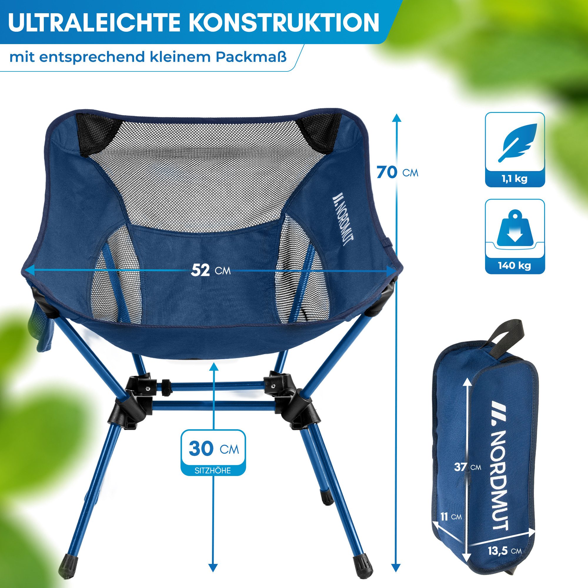 Nordmut Campingstuhl faltbar ultraleicht, klappbar leicht, Camping Outdoor, Angeln (Spar-Set, 1 St), kleines Packmaß, 140 kg belastbar, Aluminium, bequem, Trekk – Bild 2 von 5