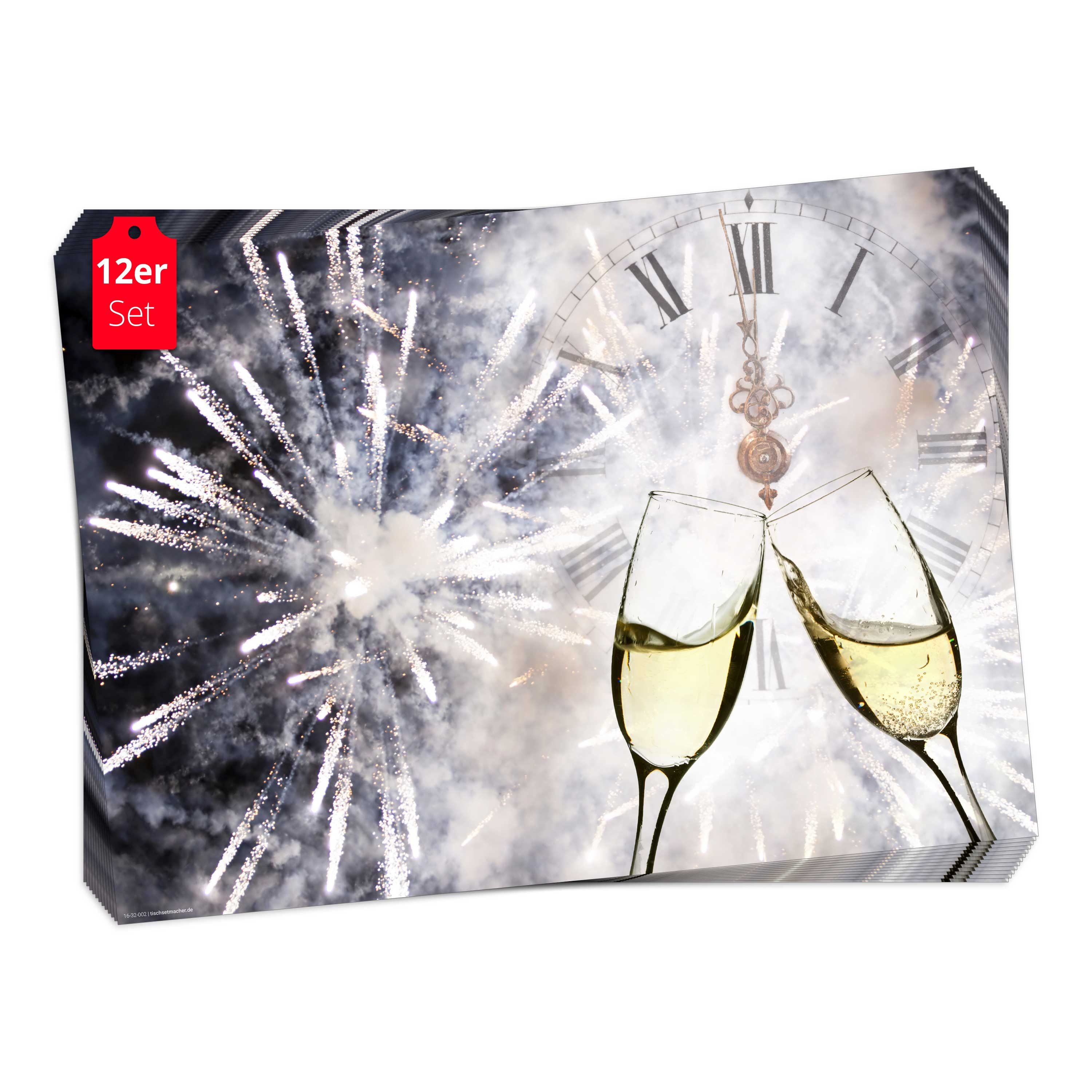 Tischsetmacher Platzset Tischsets I Platzsets - Silvester - Silvesterdeko - Sektgläser mit Uhr, (silber aus hochwertigem Papier, 12-St., 44 x 32 cm), Made in Germany