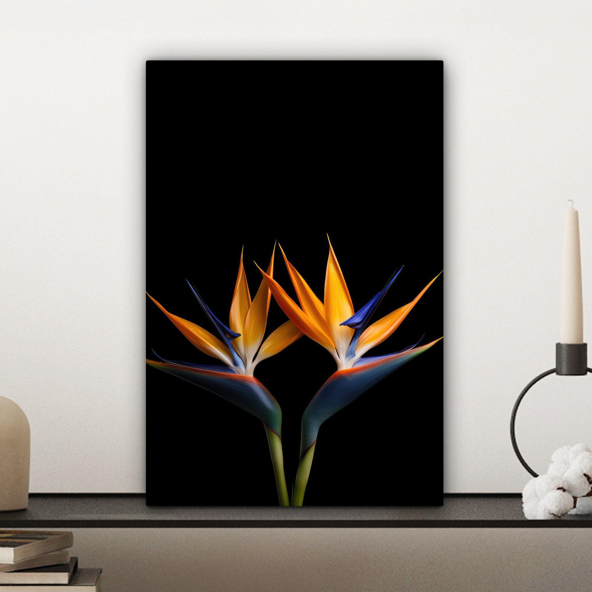 Paradiesvogelblume - (1 fertig cm Gemälde, Leinwandbild Zackenaufhänger, - 20x30 Porträt Schwarz, OneMillionCanvasses® Blumen St), Leinwandbild - inkl. - bespannt Pflanzen