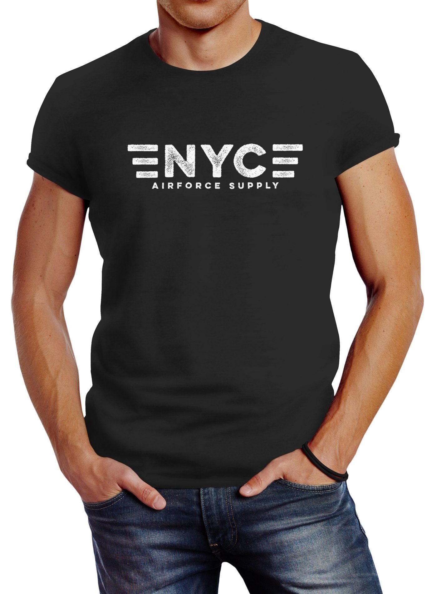City schwarz York Print Airforce Neverless mit Herren Army Neverless® New T-Shirt Supply Aufdruck NYC Print-Shirt Print