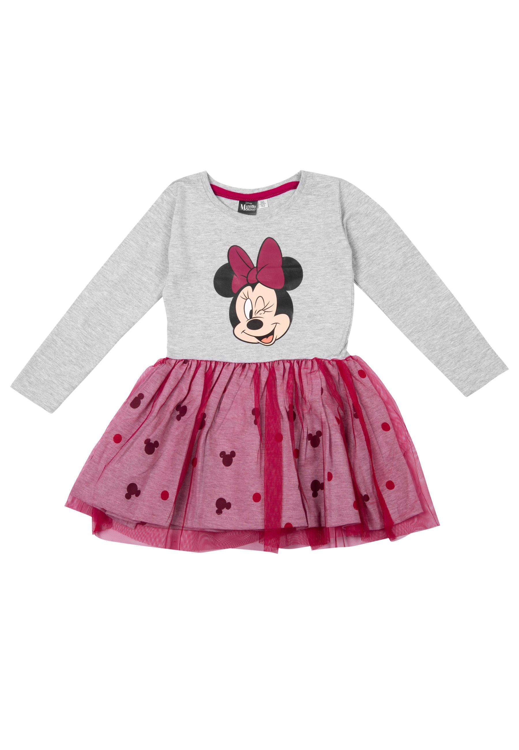 United Labels® A-Linien-Kleid Minnie Mouse Kleid Mädchen - Kleidchen Mesh Rock langarm Grau Pink