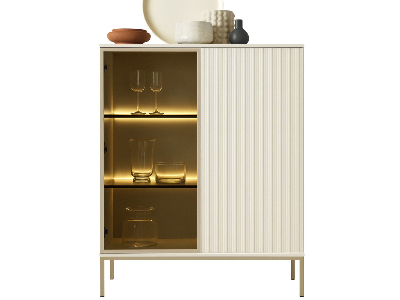 Vitrine SANTIA 104 cm Japandi-Vitrine – Kaschmir mit LED & Glas