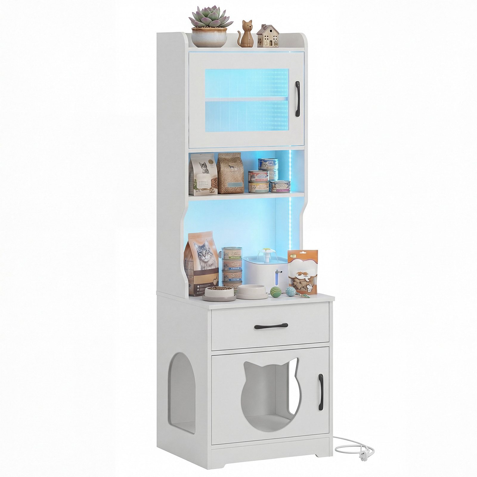 KOMFOTTEU Tierhaus, Katzenklo Katzenschrank mit Ladestation & LED-Licht