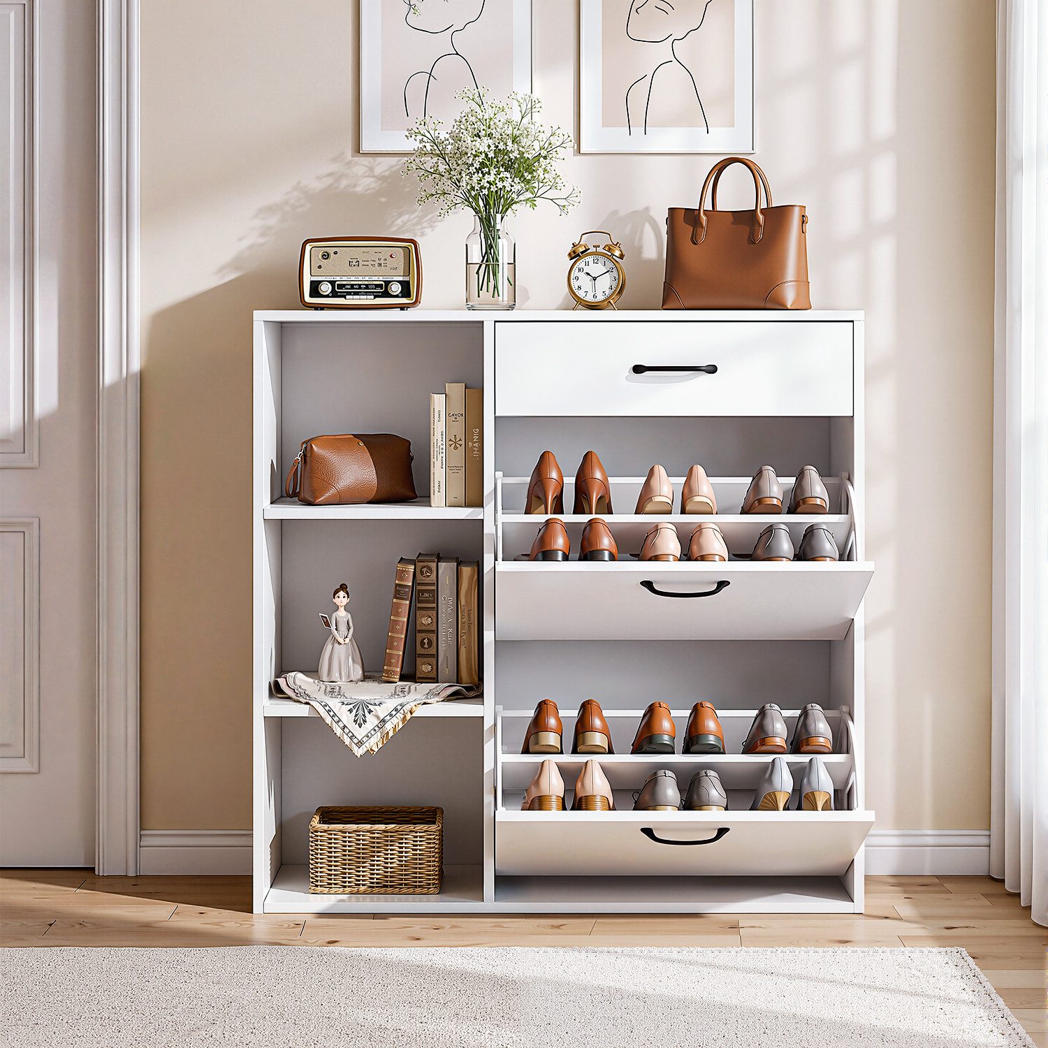 oyajia Schuhschrank Schuhkommode mit 2 Klappen,1 Schublade und 3 Ablagefächer (Schuhkommode Schuhkipper Schuhregal für 12 Paar, B 80 x H 90x T 30 cm)