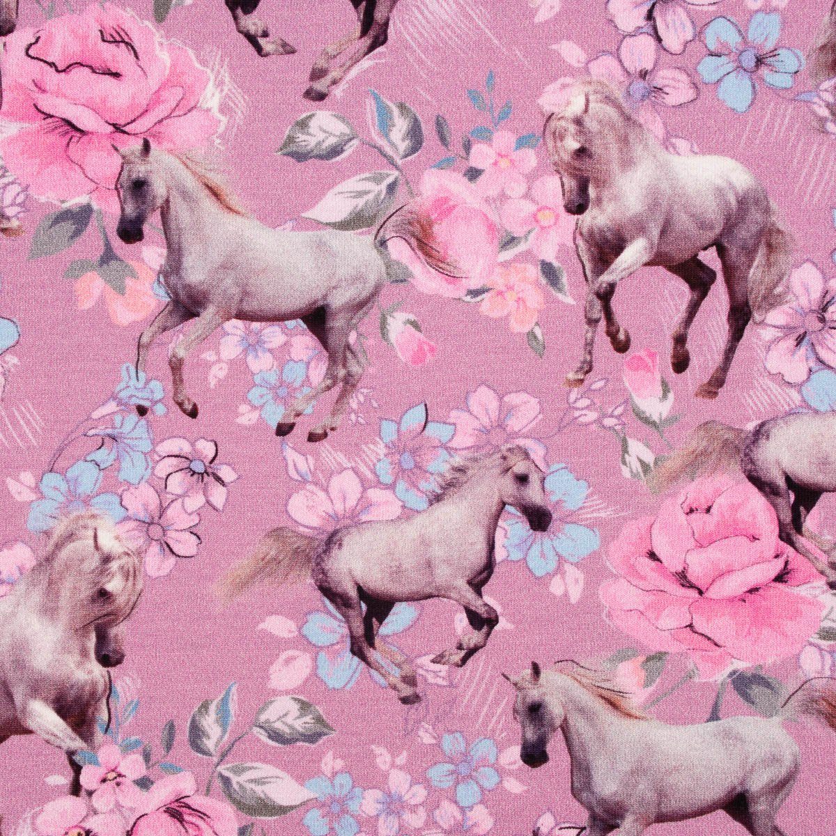 SCHÖNER LEBEN. Stoff Jerseystoff Kinder Baumwolle Digitalprint Pferde  Blumen rosa 1,45m br, allergikergeeignet