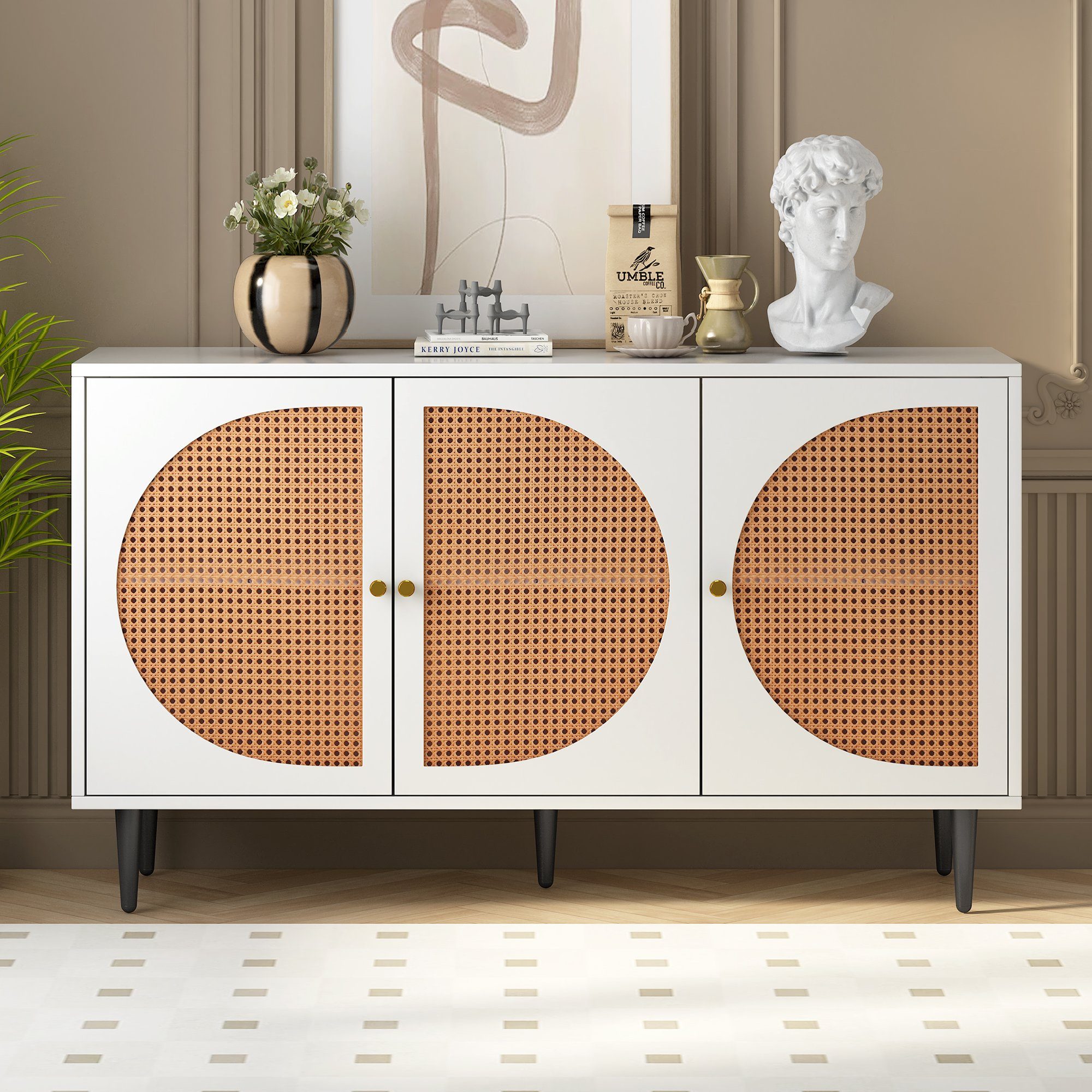 EXTSUD Sideboard Sideboard mit 3 Rattan verzierten Türen, Kommode Highboard, Rattan-Webung, vielfältiger Stauraum, langlebig, verstellbare Regale