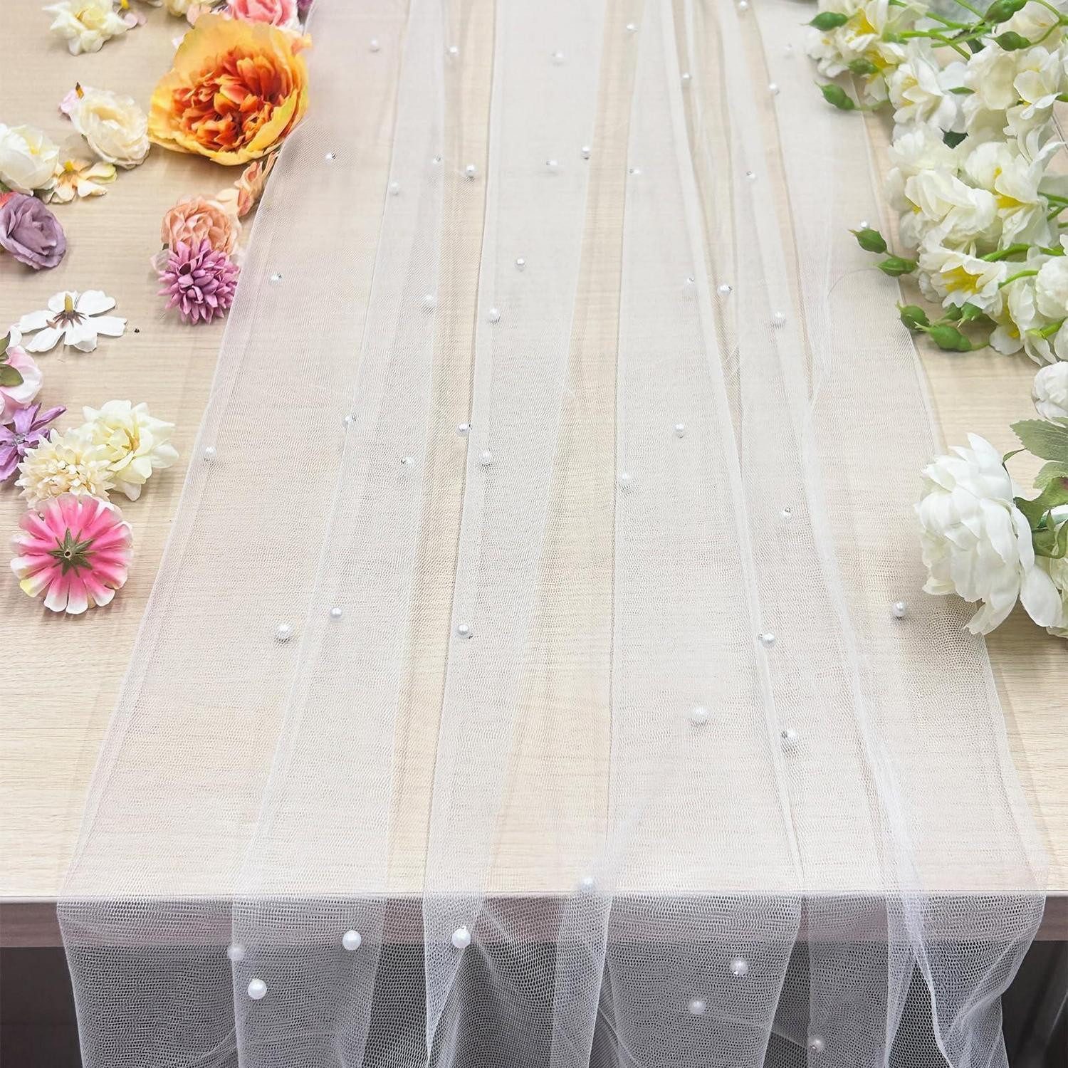 LuxusKollektion Tischläufer Tischläufer Tüll Perlen 300x80cm Weiß