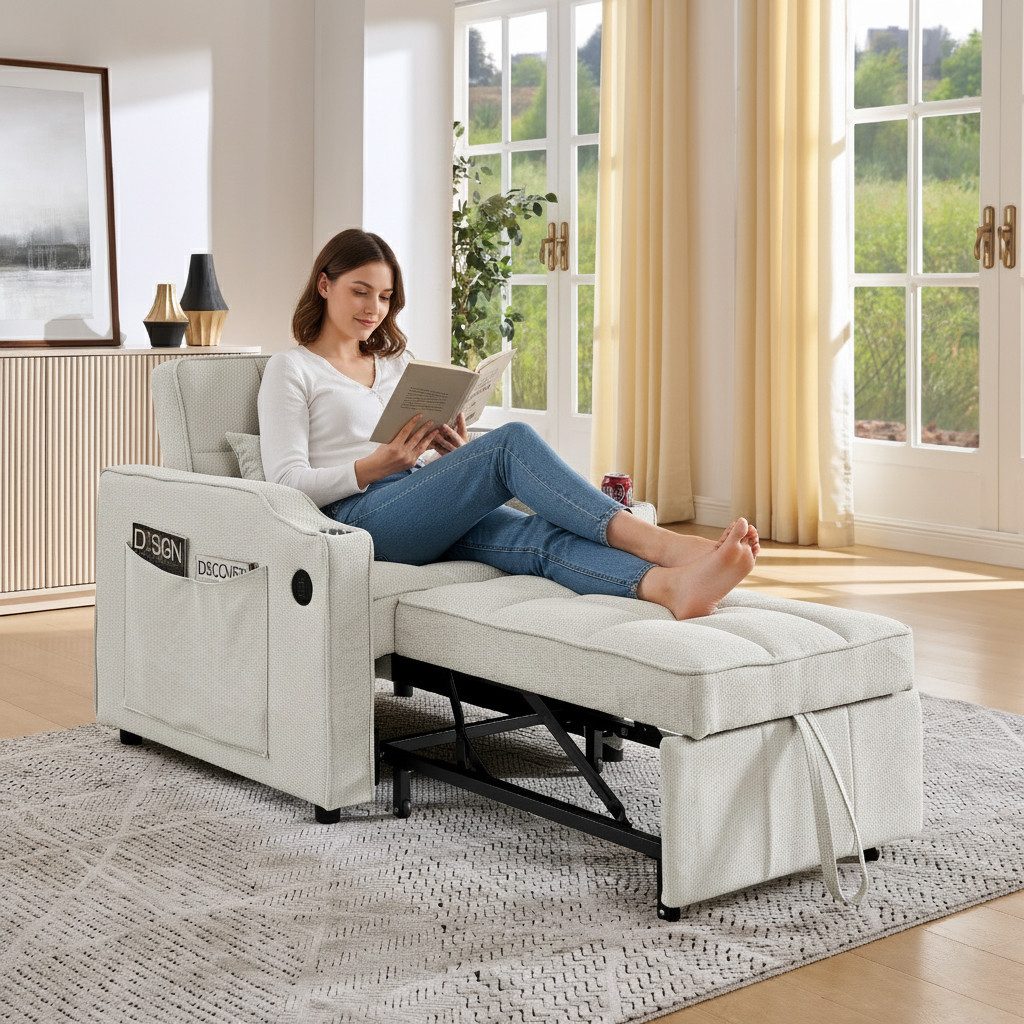 i@home Relaxsessel Schlafsessel mit Bettfunktion 3-in-1 Ausziehbares Schlafsofa (platzsparend für Wohnzimmer und Schlafzimmer), Verstellbarer Einzelsessel mit Seitentasche, für kleinen Raum, Beige