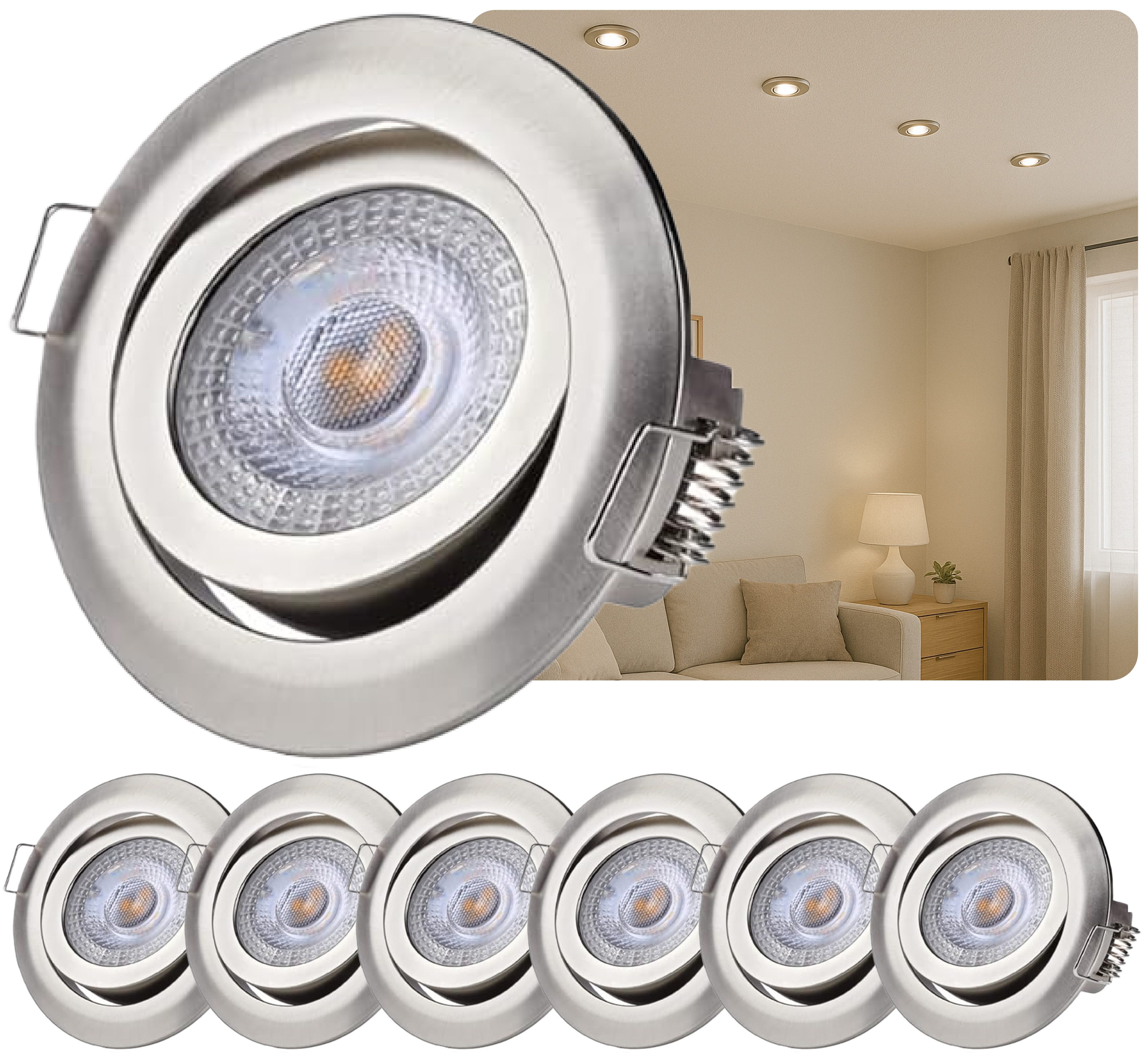 Sweet LED LED Einbaustrahler 6er Set 5 W Deckenspots rund chrom 3-Stufen dimmbar schwenkbar 230V, LED fest integriert, warmweiß, Deckenspots, Deckenstrahler, Einbauleuchten