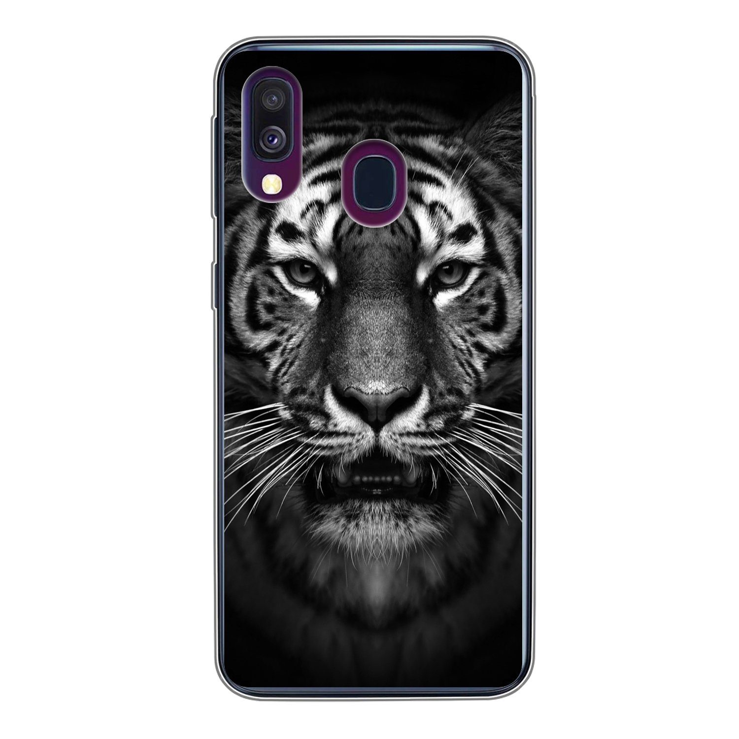 MuchoWow Handyhülle für Samsung Galaxy A40 Tiger - Tiere - Schwarz - Weiß - Porträt - Wild, Smartphone-Bumper, Print, Handy Schutzhülle Dünn