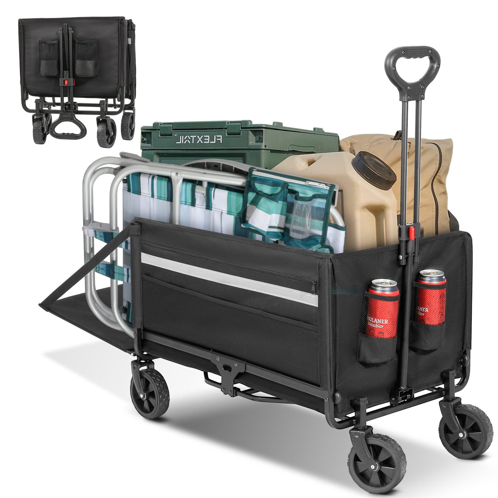 HOMECALL Bollerwagen Faltbar Gartenwagen Handwagen Strandwagen Klappbar Transportwagen (Inkl. Regenabdeckung! Kapazität erweiterbar durch 2 Aufbewahrungstaschen, bis 150KG, 120L+ , Campingwagen mit Reflektorstreifen), Für Einkaufen, Camping, Garten, Dogs