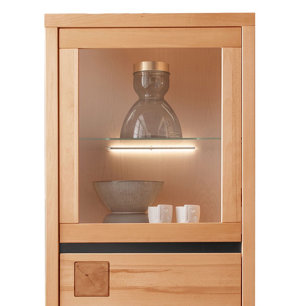 Lomadox Highboard WINCHESTER-69, Standvitrine Schrank 65 cm Buche massiv geölt Hirnholz-Detail