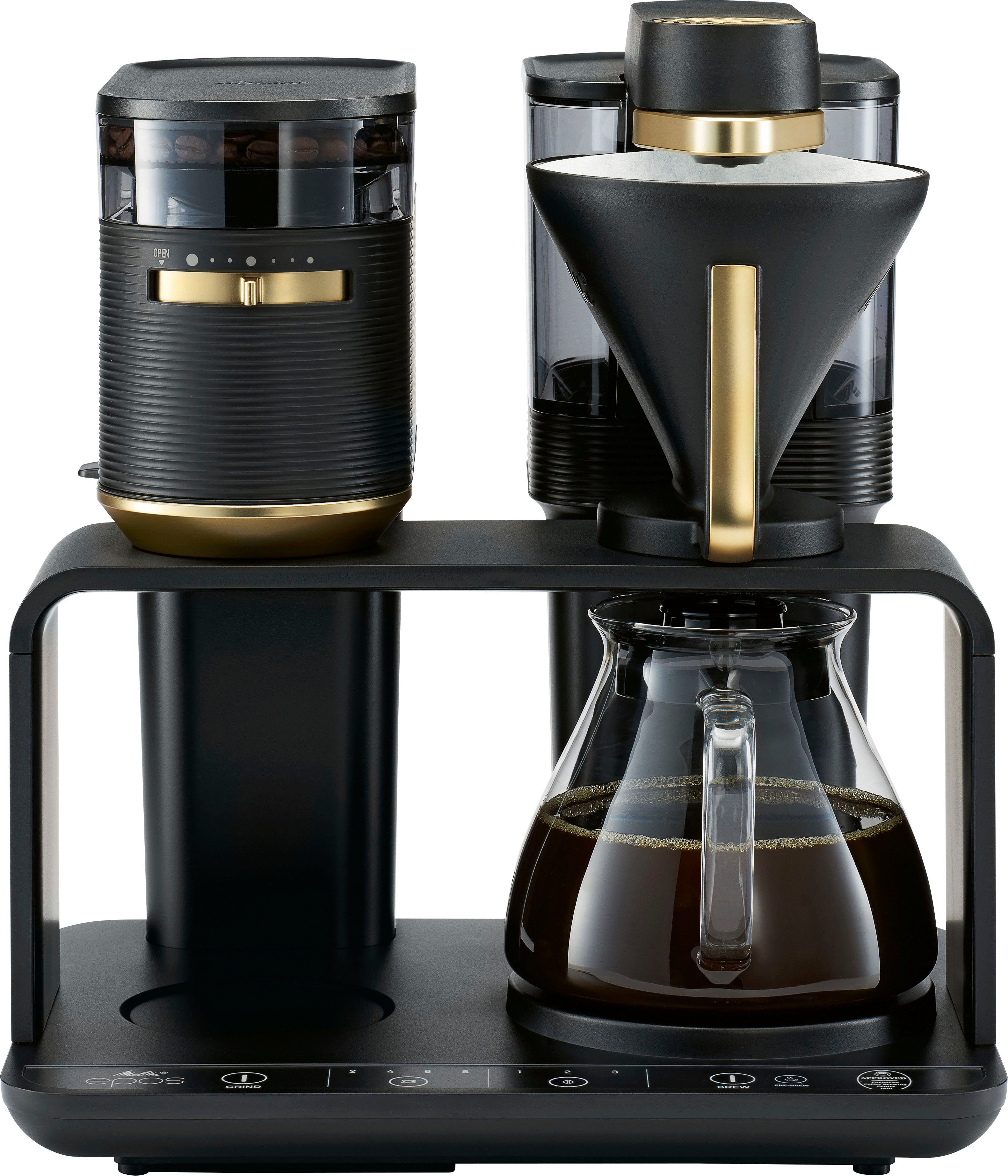 Melitta Kaffeemaschine mit Mahlwerk 1024-02, 1l Kaffeekanne, Papierfilter 1x4, Schwarz/Gold, 360°rotierender…