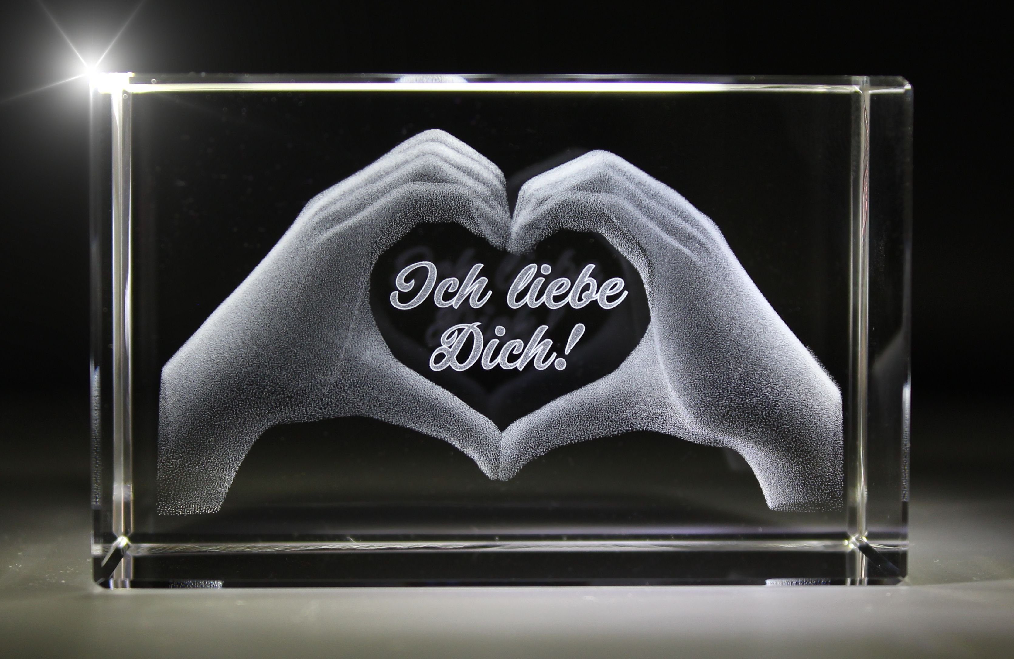 VIP-LASER Dekofigur 3D Glasquader I Hochwertige Händen Familienbetrieb mit Gravur liebe in Made Germany, Ich aus Geschenkbox, I Dich!, Herz Text