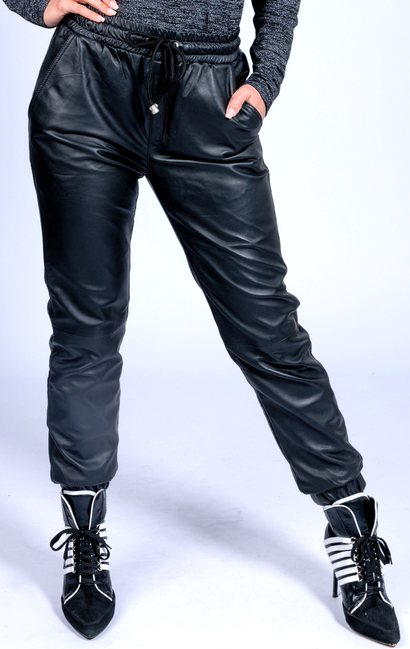 Be Noble Lederhose Classic Damen schwarz Lederhose aus weichem Lammnappa im  legeren Style