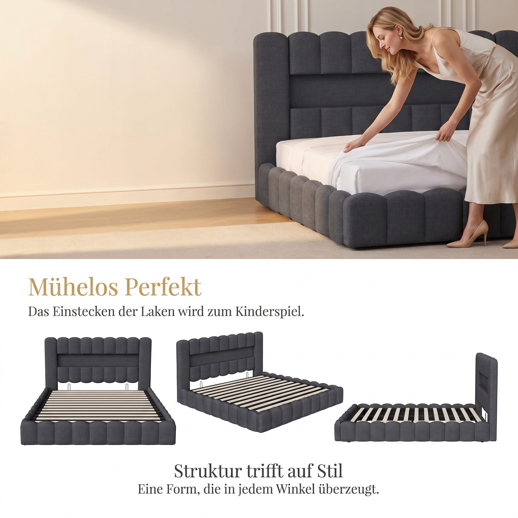 Simurq Polsterbett Doppelbett mit Bettkasten,Bettgestell mit Lattenrost,Stauraumbett LED (Packung, 1-tlg., Boden Polsterbett, Stauraumbett,Schlafzimmerbett mit  – Bild 5 von 5