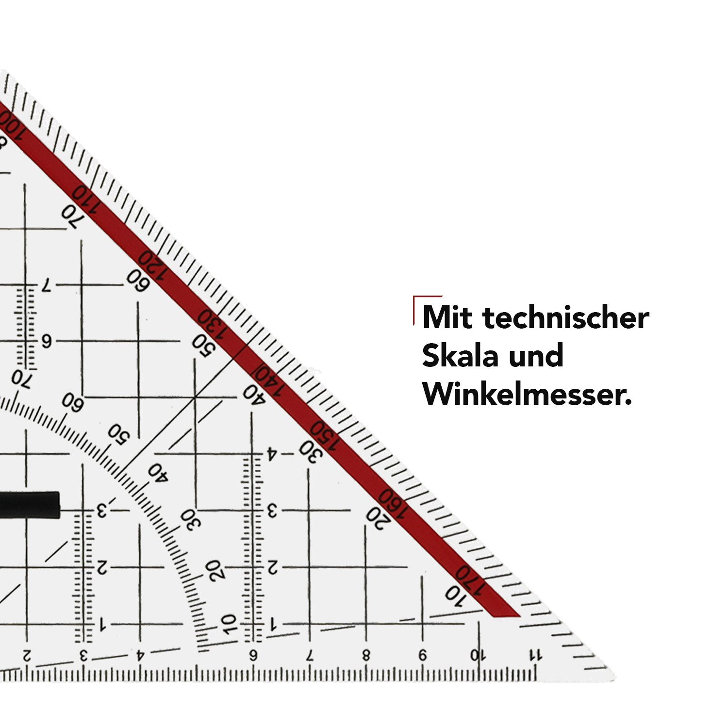 WESTCOTT Geodreieck 22 mm mit abnehmbarem Griff rot, Geodreieck aus Kunststoff, Technische Skala & Winkelmesser für Schule, Uni oder Büro