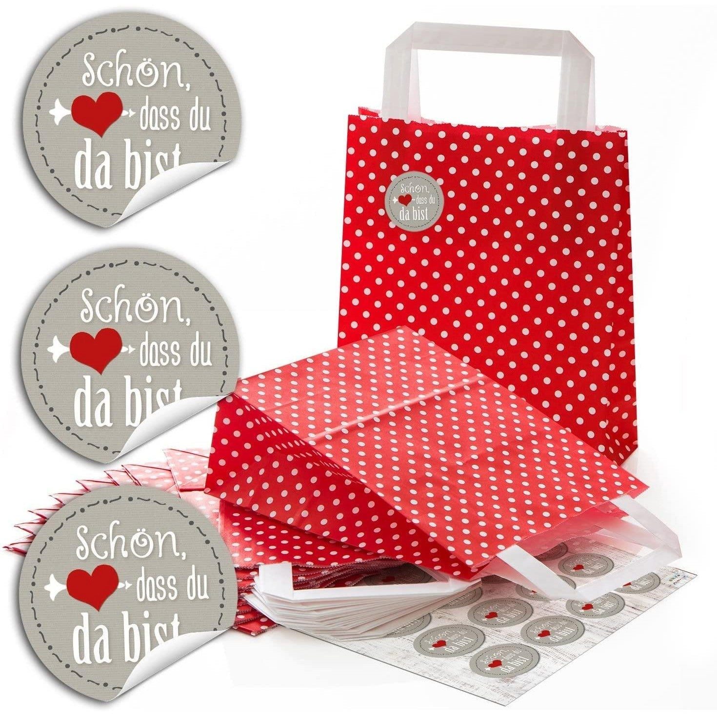 Logbuch-Verlag Aufkleber Rote Henkeltüten 18 x 8 x 22 cm mit runden Aufklebern in verschiedenen – Bild 2 von 5