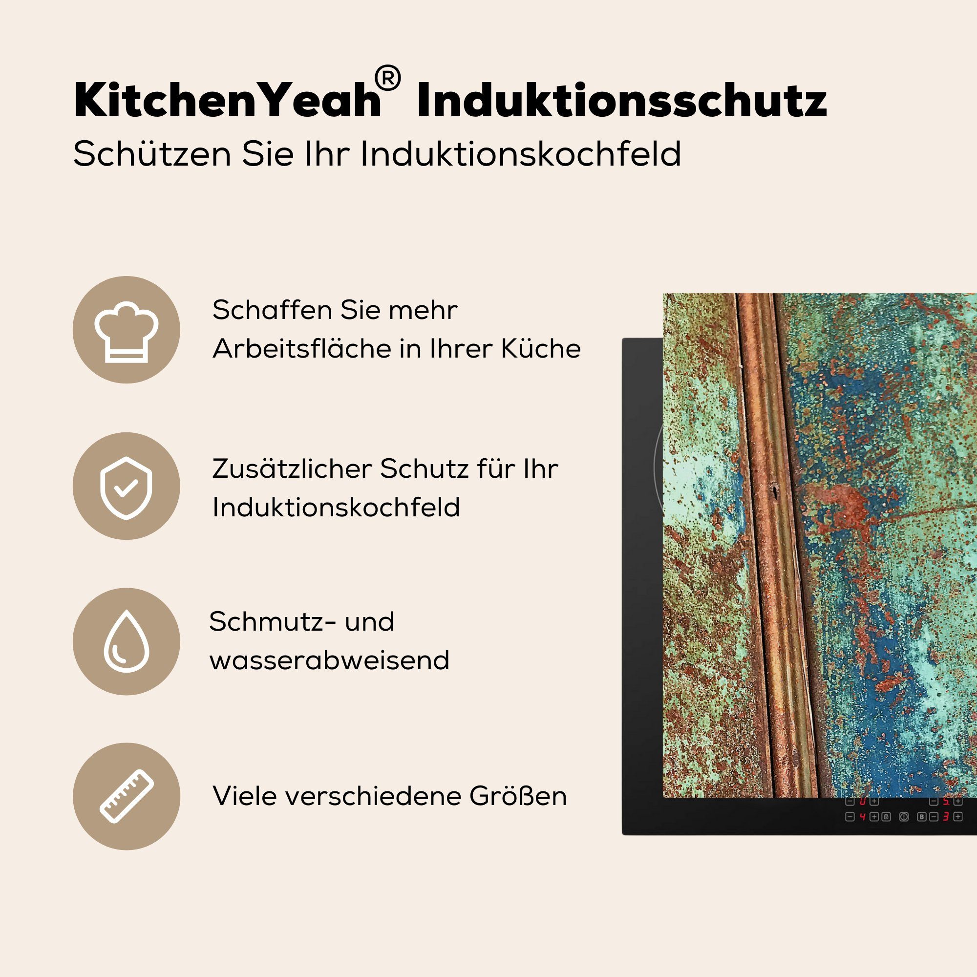 MuchoWow Herdblende-/Abdeckplatte Rost - Abstrakt die - Schutz (1 Metall, Vinyl, Induktionskochfeld tlg), Ceranfeldabdeckung 81x52 für küche, cm