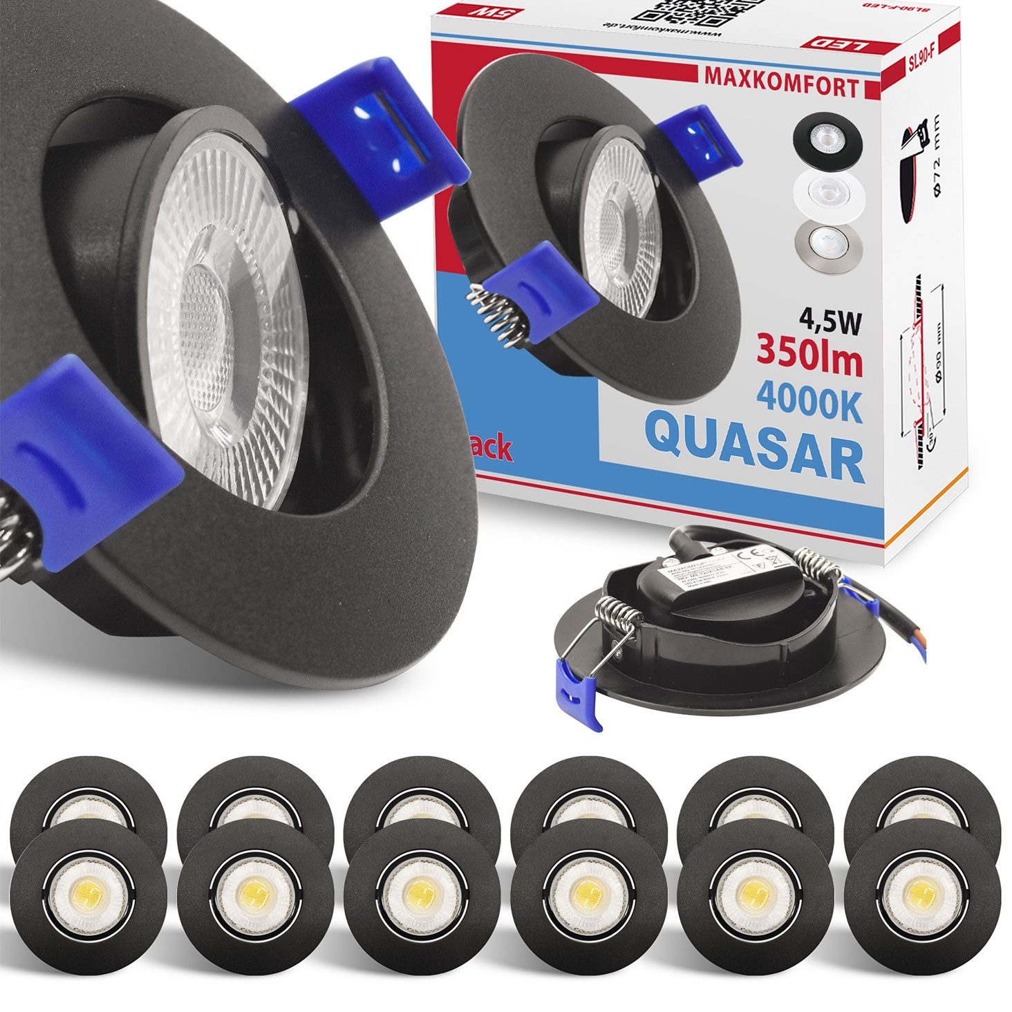 Maxkomfort LED Einbaustrahler 3/6/12er Set - schwenkbar & Ultraflach, Neutralweiß 4000K, LED fest integriert, Deckenspots Schwarz/Weiß/Silber - Einbauspots IP20 Ø90mm