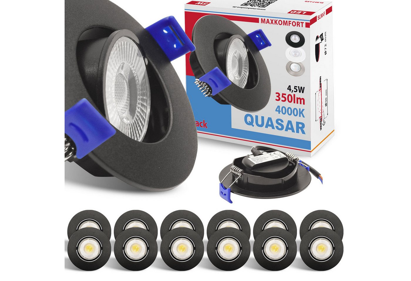 Maxkomfort LED Einbaustrahler 3/6/12er Set - schwenkbar & Ultraflach, Neutralweiß 4000K, LED fest integriert, Deckenspots Schwarz/Weiß/Silber - Einbauspots IP20 Ø90mm