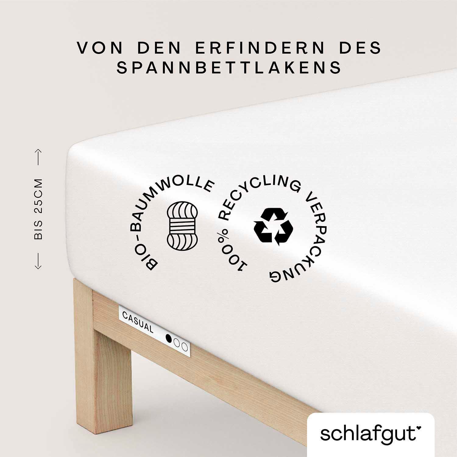 Spannbettlaken CASUAL Jersey, Schlafgut, Matratzen oder 100% 90x200, (1 rundum, Bettlaken Gr. u.a. weich Stück), full-white 180x200 Gummizug: 140x200 bis zuverlässig, Bio-Baumwolle, in für cm 25 Höhe, langlebig, cm