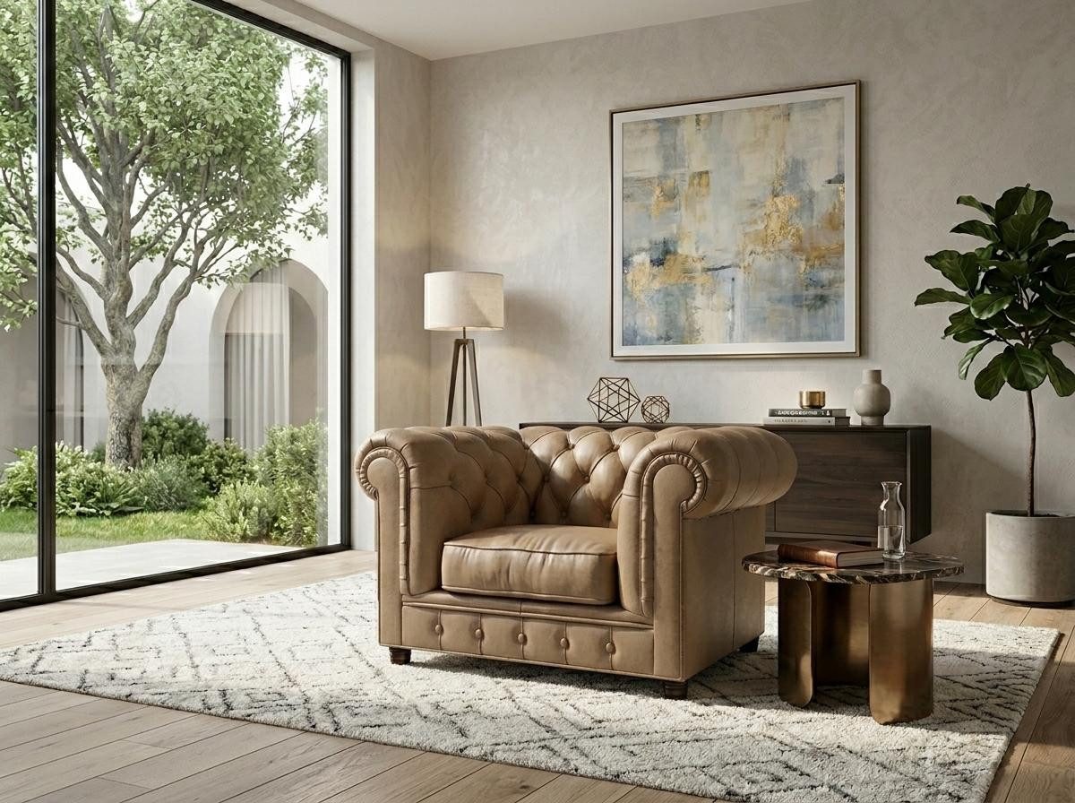 JVmoebel Chesterfield-Sessel Beiger Chesterfield Sessel gesteppter Wohnzimmerstuhl (1-St), Made in Europa