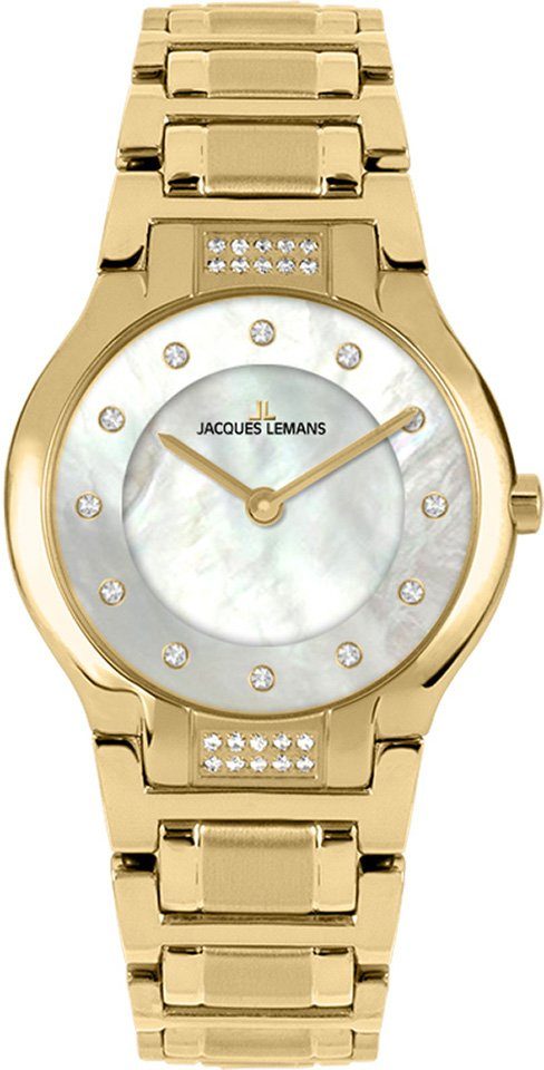 Jacques Lemans Quarzuhr 1-2168F, Armbanduhr, Damenuhr, Perlmutt-Zifferblatt, Weißtopas-Steine, Diamant