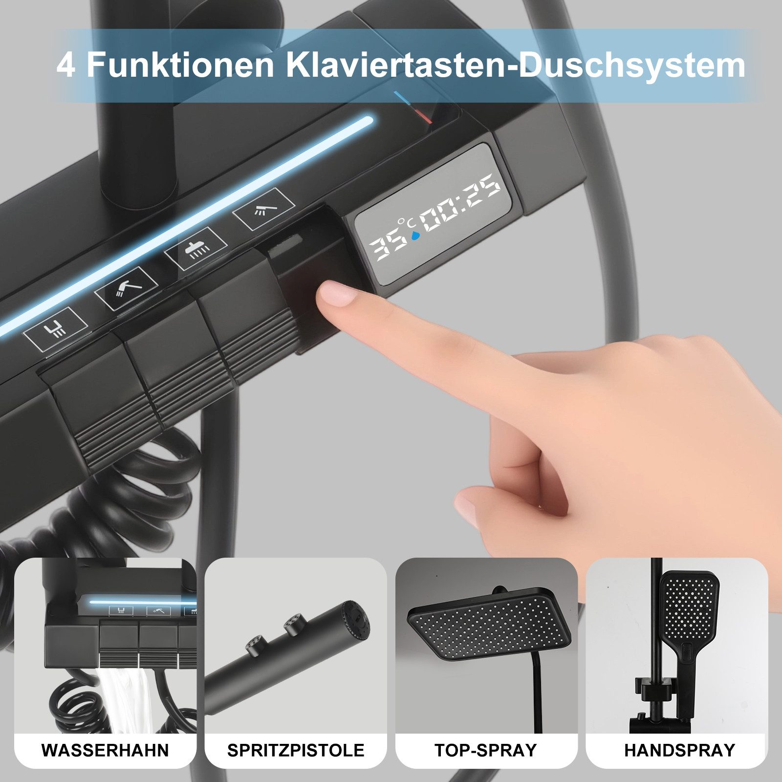 oyajia Brausegarnitur Duschsystem Warm/Kalt mit Klaviertasten & Digitaler Temperaturanzeige, 4 Strahlart(en), Regendusche mit LED-Stimmungslicht, Höhenverstellbares Duschrohr