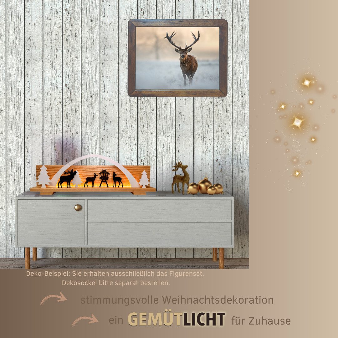 Weigla Dekofigur Фигуркиset "Wald" für WEIGLA Dekosockel, aus Holz (Set, 8 St., Bogen, Hirsch, 2 Rehe, Futterkrippe, großer Baum, 2 kleine Bäume), Erzgebirge garantiert, Deko für Weihnachten und das ganze Jahr