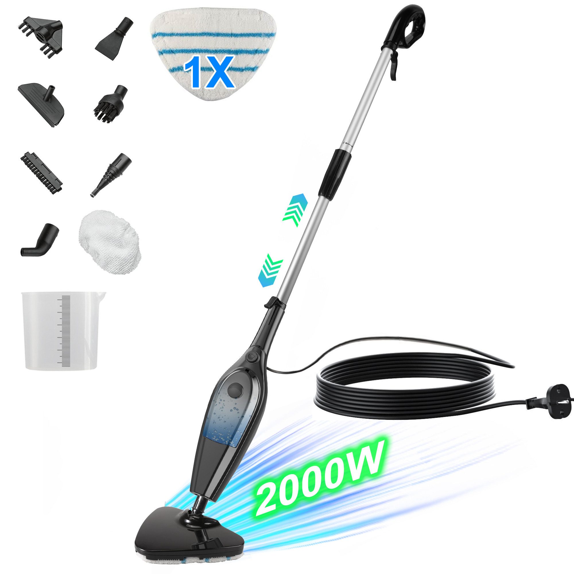 ibettertec Dampfreiniger 9-in-1-Dampfreiniger, Dampfmopp mit Mikrofaserpad, 2000 W, Aufheizzeit: 30 Sekunden, 400ml Wassertank, Hygienische Bodenreinigung ohne Chemie, Entfernt bis zu 99,9 % von Bakterien & Viren - Für alle Böden