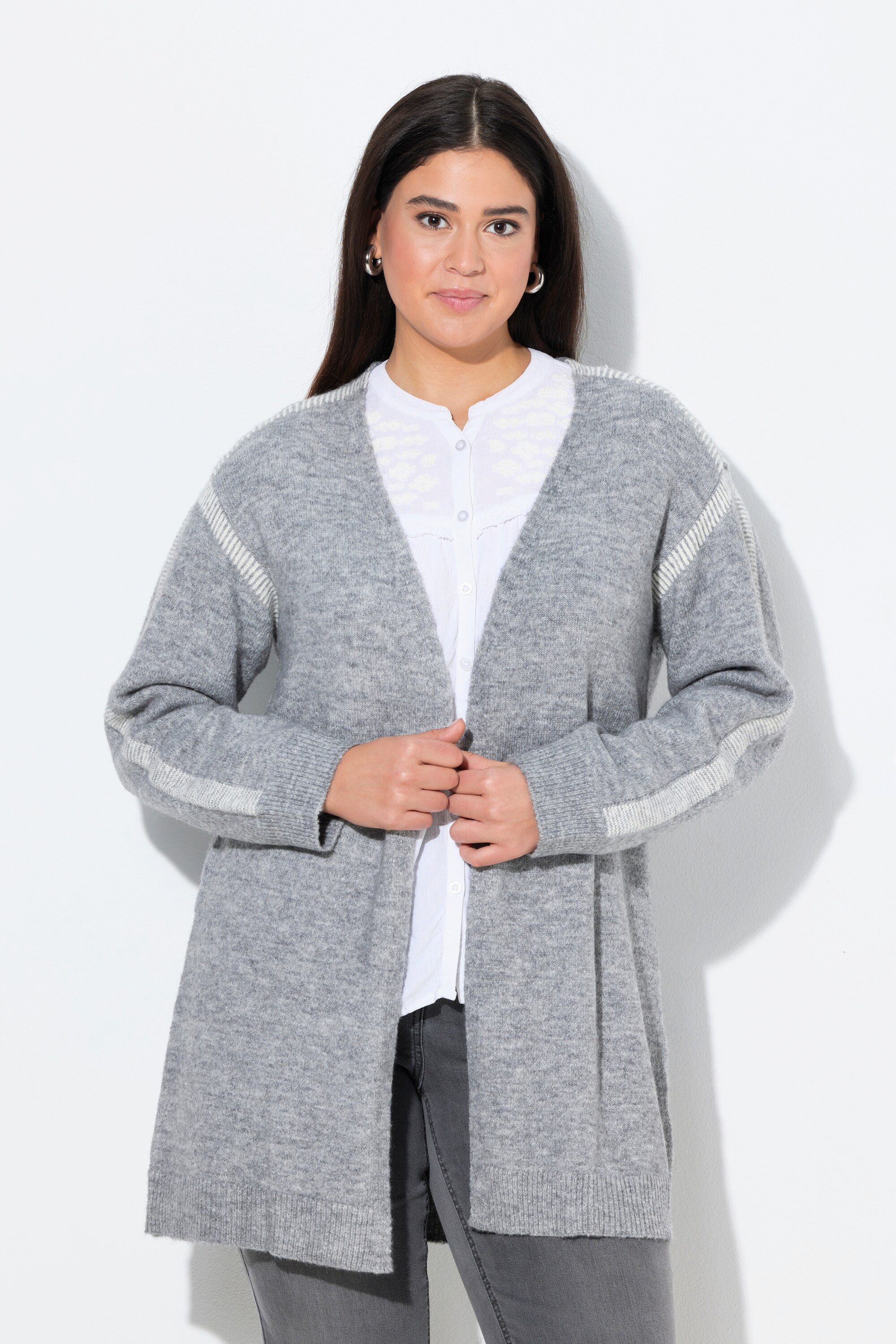Ulla Popken Strickjacke Long-Strickjacke Ziernähte ohne Verschluss Langarm günstig online kaufen