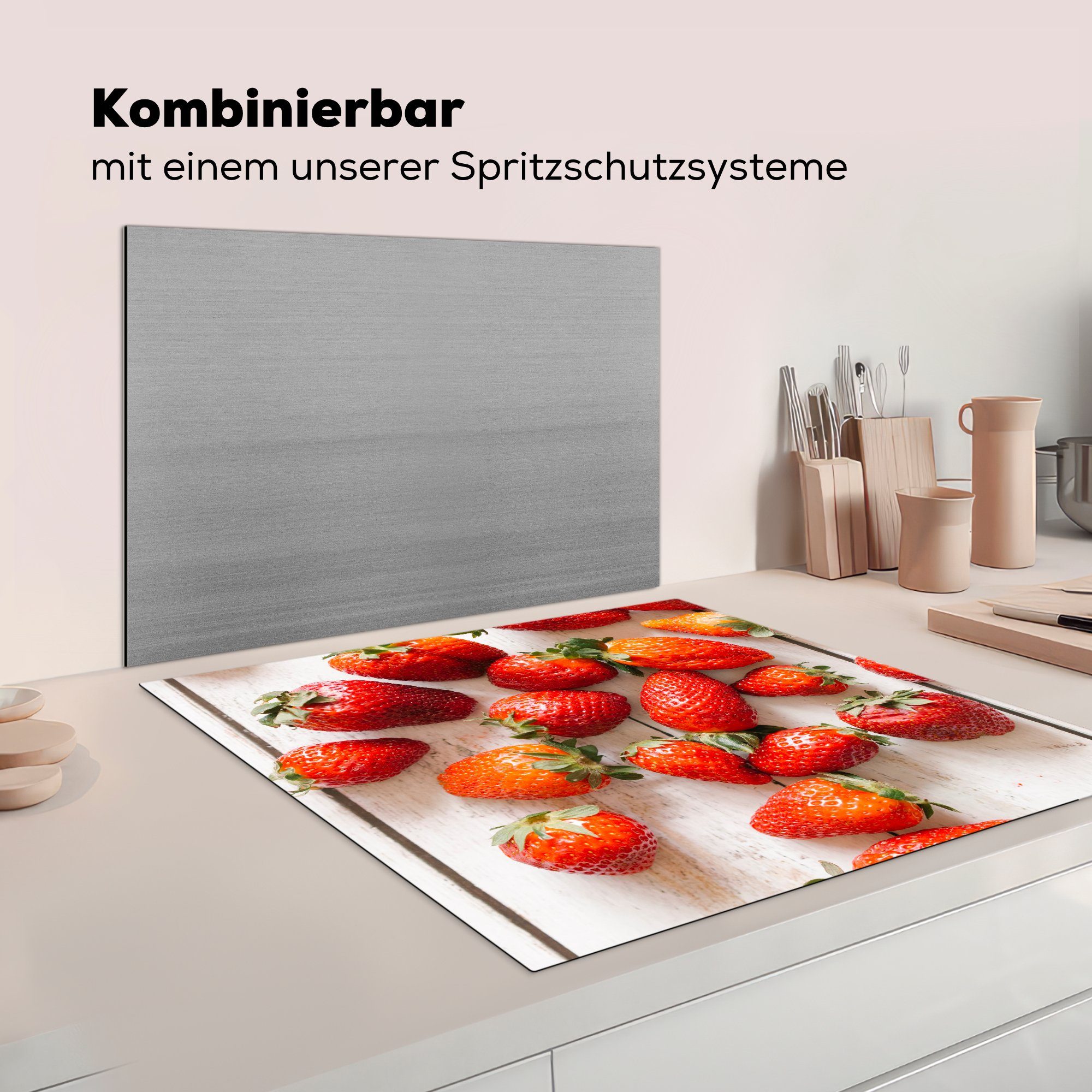 78x78 Herdblende-/Abdeckplatte Obst küche Arbeitsplatte für MuchoWow tlg), Vinyl, - (1 Ceranfeldabdeckung, Erdbeere - cm, Tisch,