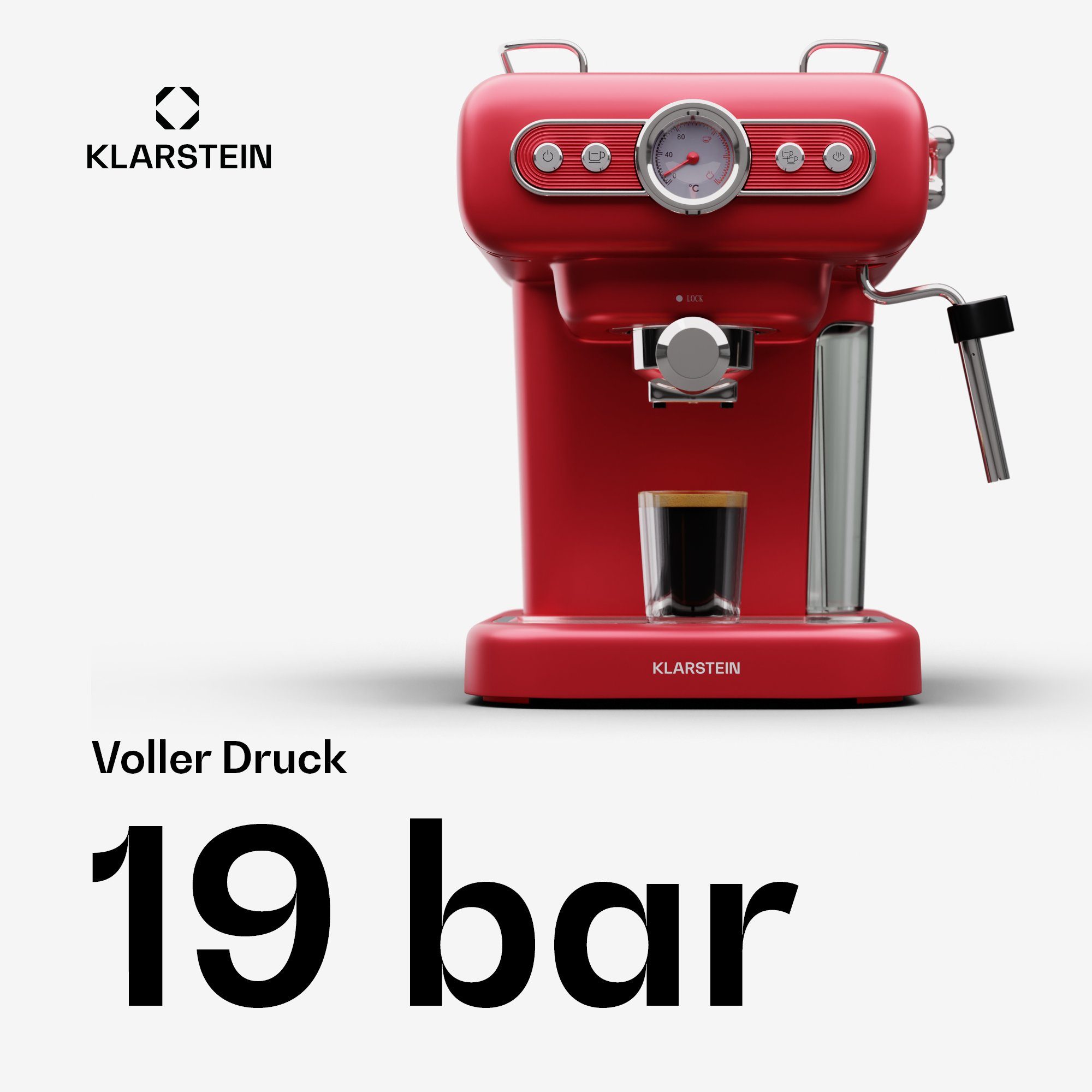 Klarstein Espressomaschine, 1.2l Kaffeekanne, Kaffeemaschine 950 W 19 Bar 2 Tassen