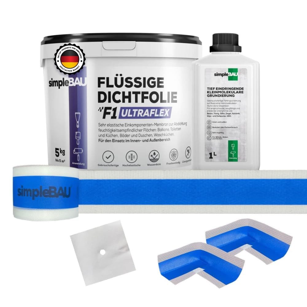 simpleBAU Dichtstoff Flüssigfolie Dichtfolie F1 Ultraflex 5kg + Tiefengrund 1L, (6-tlg)