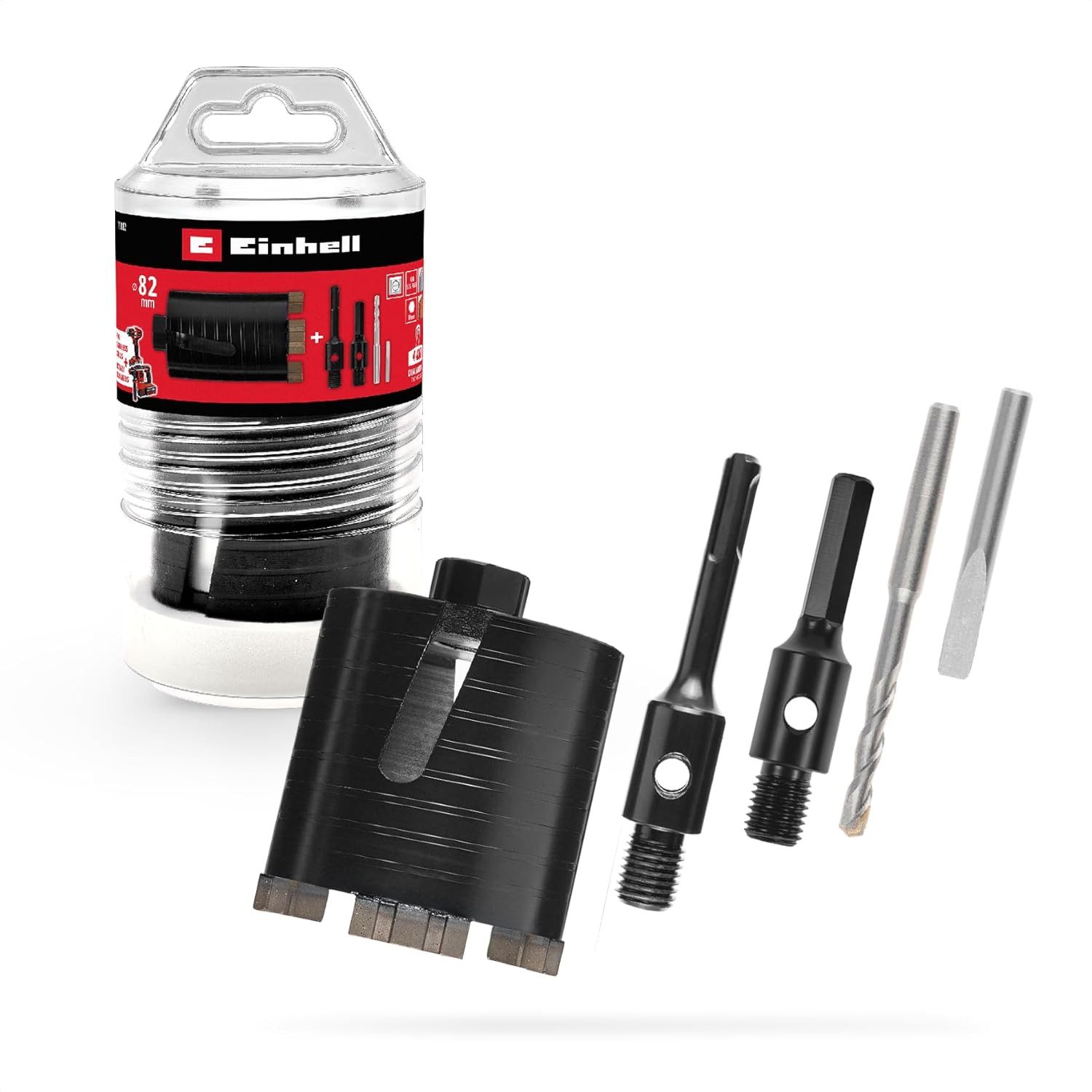 Einhell Bohrer- und Bit-Set, (1x Diamant-Hohlbohrkrone Ø 68 mm (Außendurchmesser 68 mm, Länge 99 mm, Bohrtiefe 77 mm), 1x HM-Hammerbohrer mit 4-Schneider-Technologie, 1x SDS-PLUS-Adapter, 1x HEX-Adapter, 1x Austreibkeil zur Entfernung des Zentrierbohrers, 1-tlg), Diamant-Hohlbohrkrone Ø 68 mm (Diamantensegmente, Staubabfuhr, Adapter