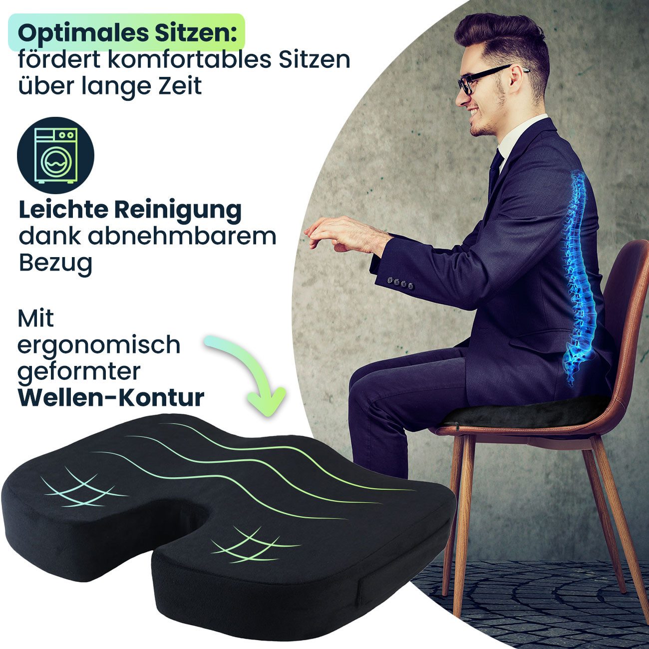 shop'n smile ideoon Gelkissen Memory-Foam Sitzkissen mit Kühlgel Anti-Rutsch 44x35x8cm Büro Auto, abnehmbarer & waschbarer Bezug/44 x 35 x 8 cm/100% Polyester