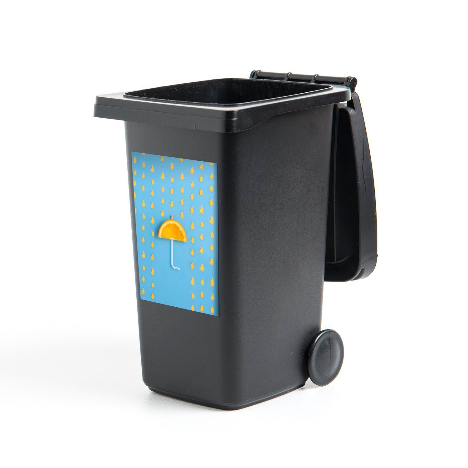 Sticker, Container, Wandsticker Regen St), Mülleimer-aufkleber, (1 MuchoWow Oranger Regenschirm Abfalbehälter Mülltonne, im